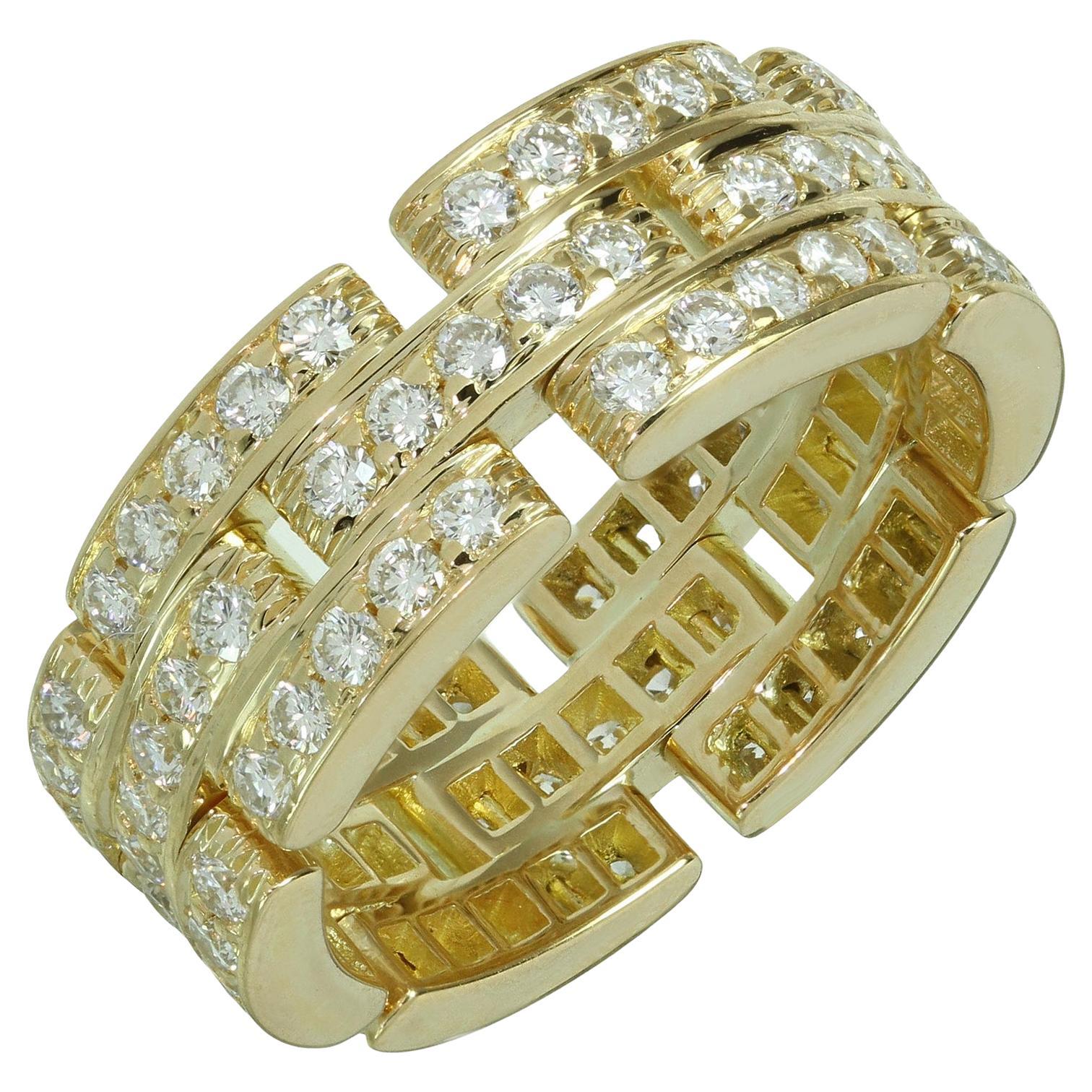 Cartier Maillon Panthere Full Diamond 18k Yellow Gold 3 Row Ring For Sale