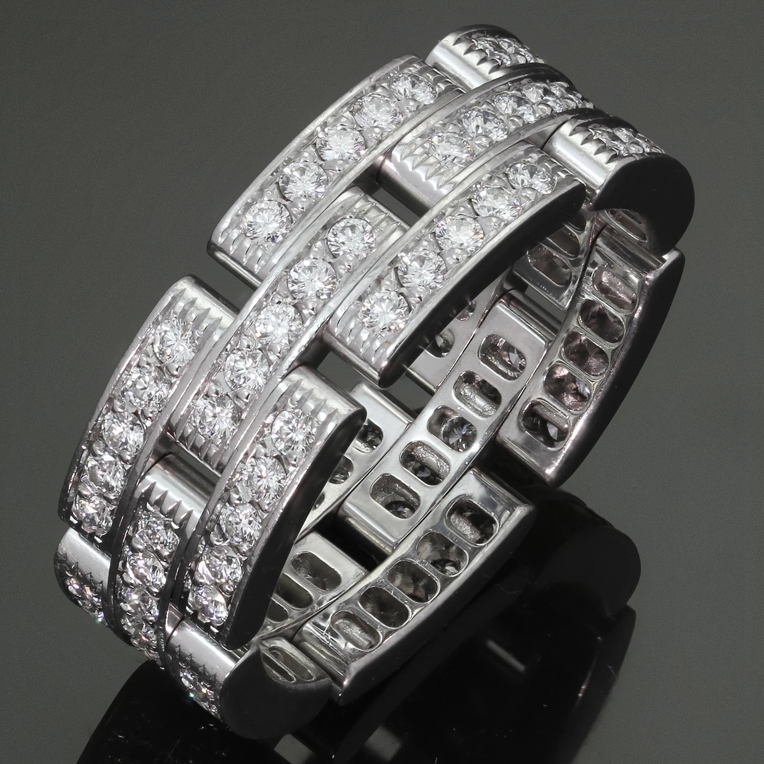 This fabulous authentic Cartier 3-row band from the iconic Maillon Panthère collection is crafted in 18k white gold and set with 90 brilliant-cut D-E-F VVS1-VVS2 diamonds weighing an estimated 1.40 carats. Made in France circa 2008. The ring size is