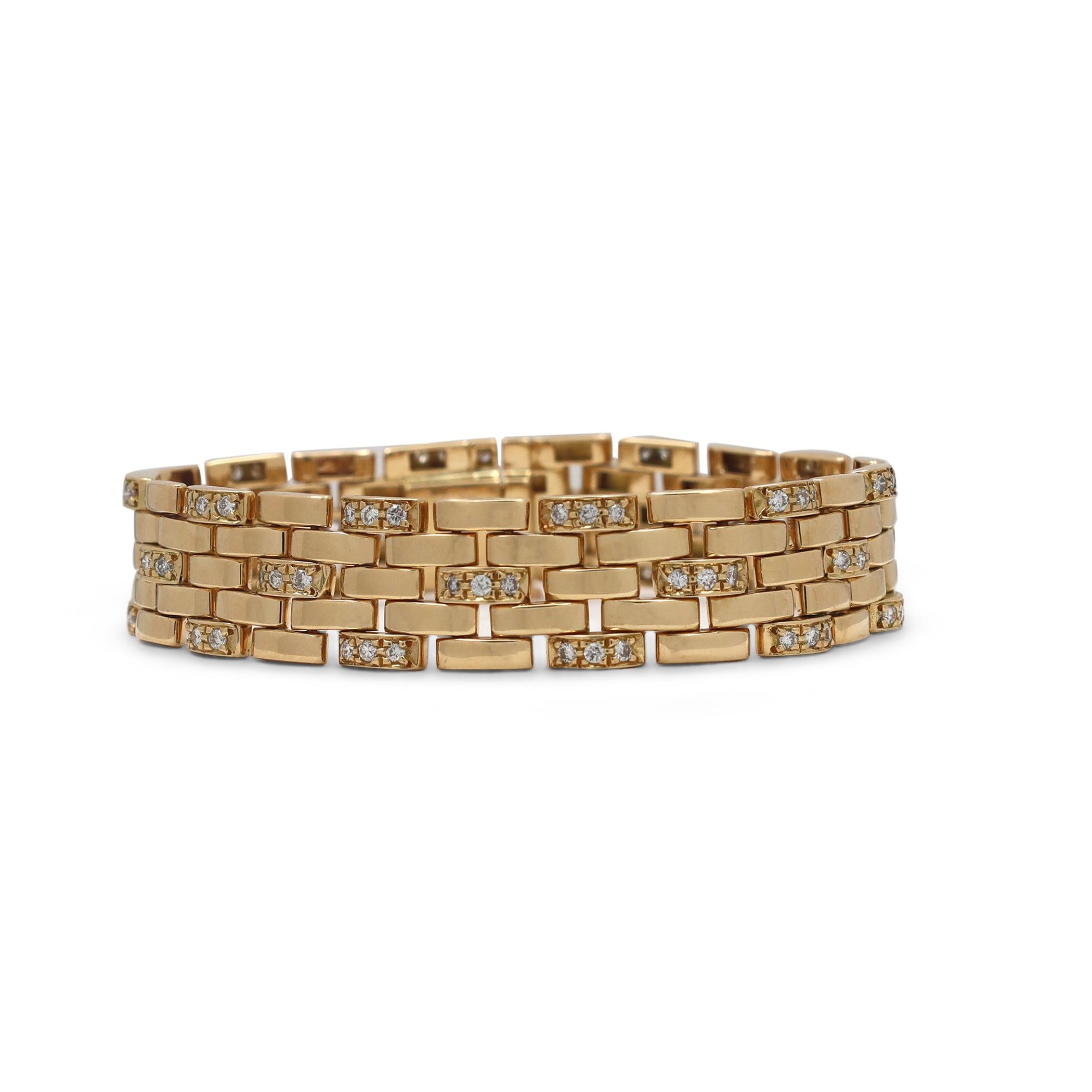 Authentic Cartier 'Maillon Panthère' five-row bracelet crafted in 18 karat yellow gold and set with an estimated .95 carats of high quality round brilliant cut diamonds. The bracelet measures 7 inches in length. Signed Cartier, 750, with serial
