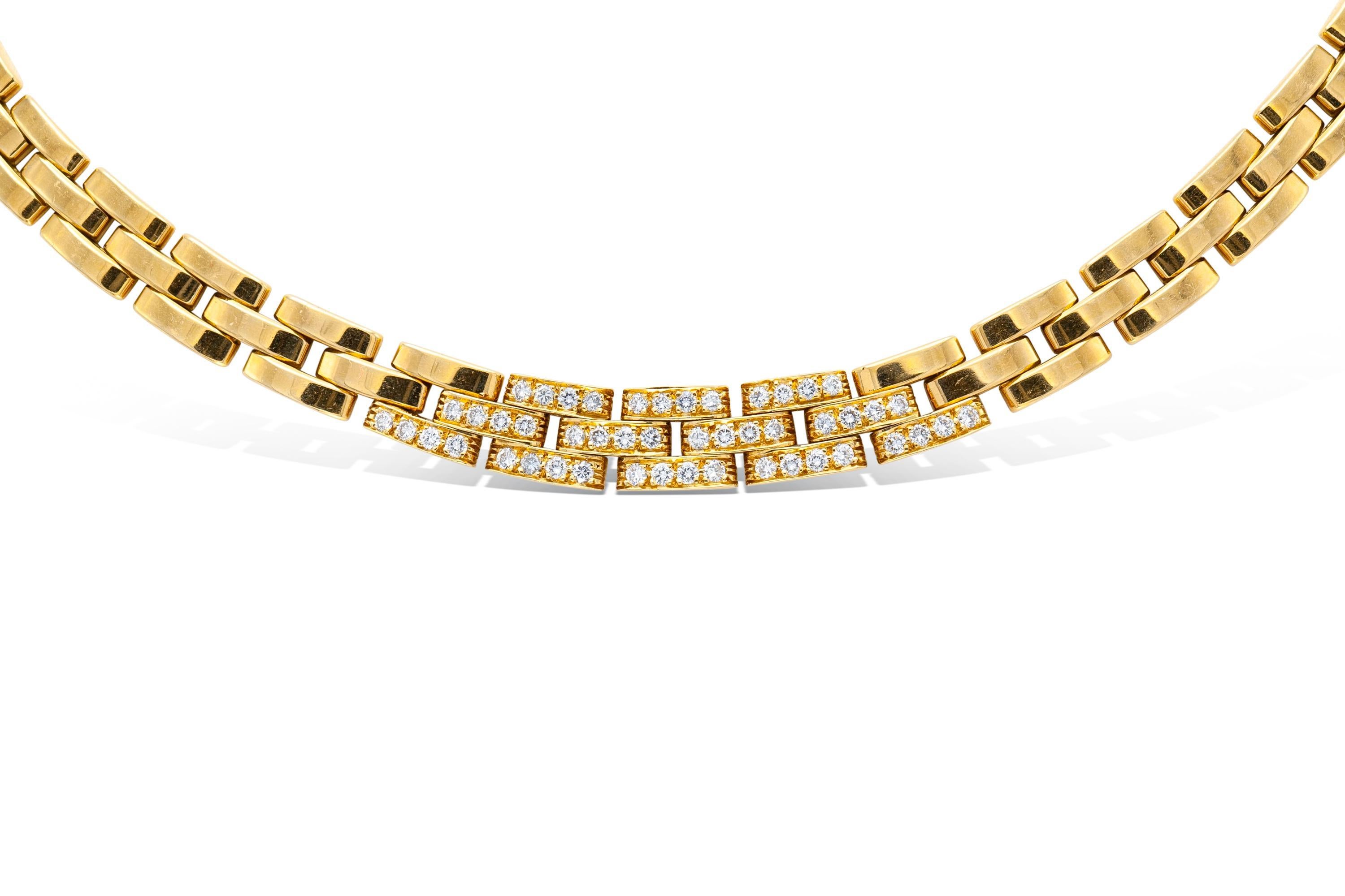 Finement réalisé en or jaune 18k avec des diamants ronds de taille brillant sur le devant.
Signé par Cartier, de la collection Panthère.
16 1/4 pouces de long
Livré avec un certificat d'authenticité.