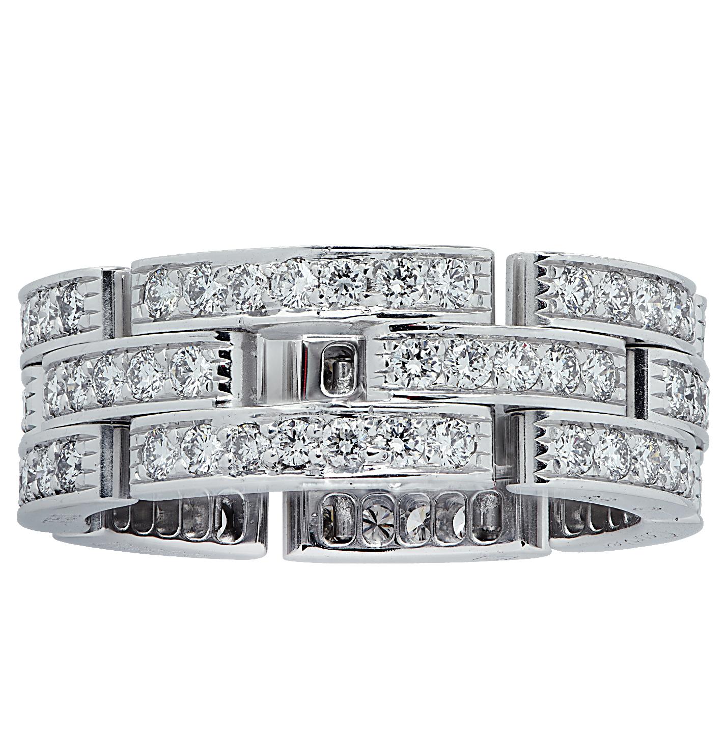 From the iconic house of Cartier, this spectacular Maillon Panthere diamond wedding band is expertly crafted in 18 karat white gold, and features 90 round brilliant cut diamonds weighing approximately 1.37 carats total, F color, VVS clarity. This