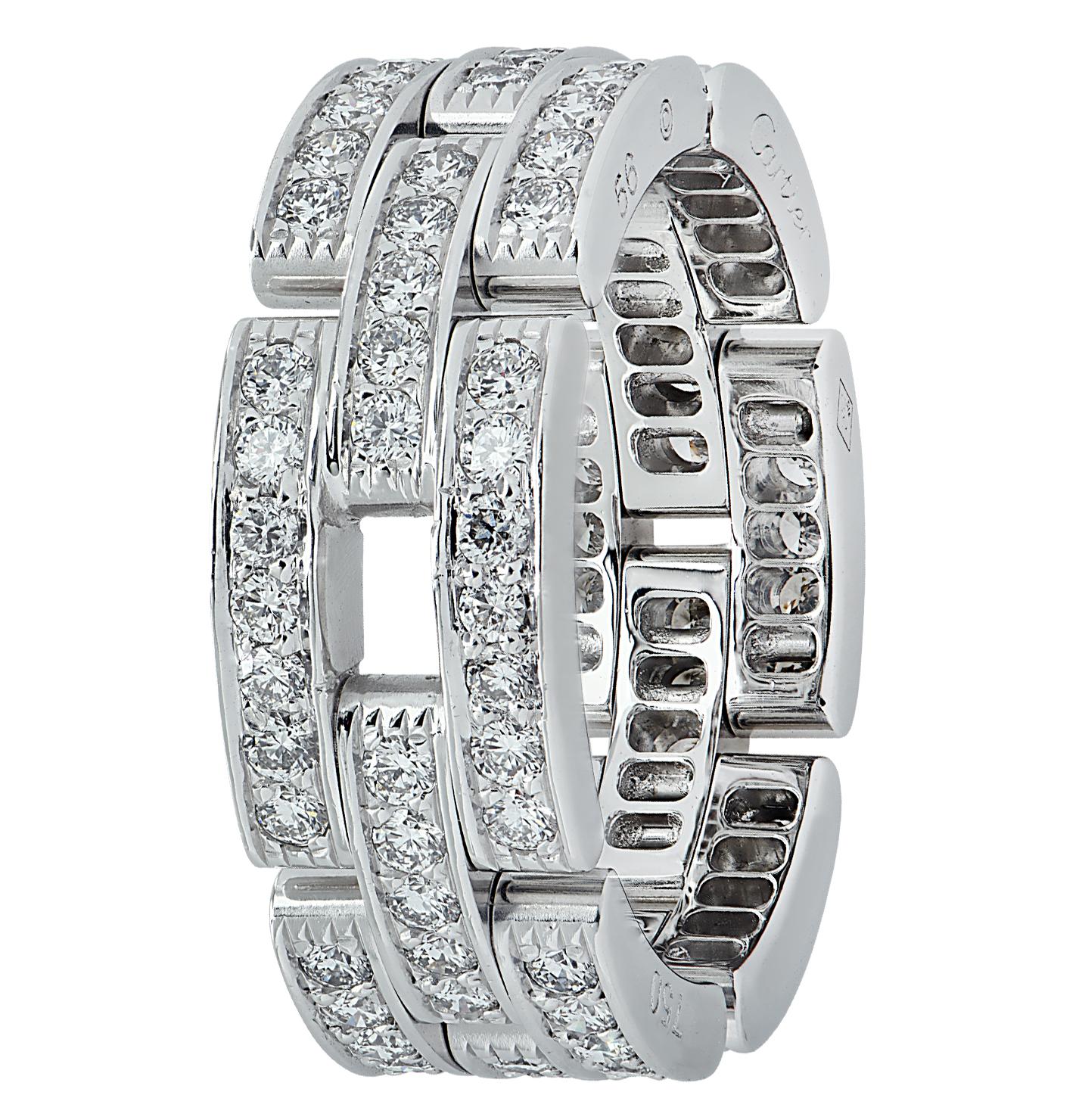Round Cut Cartier Maillon Panthere Ring, 3 Diamond-Paved Rows