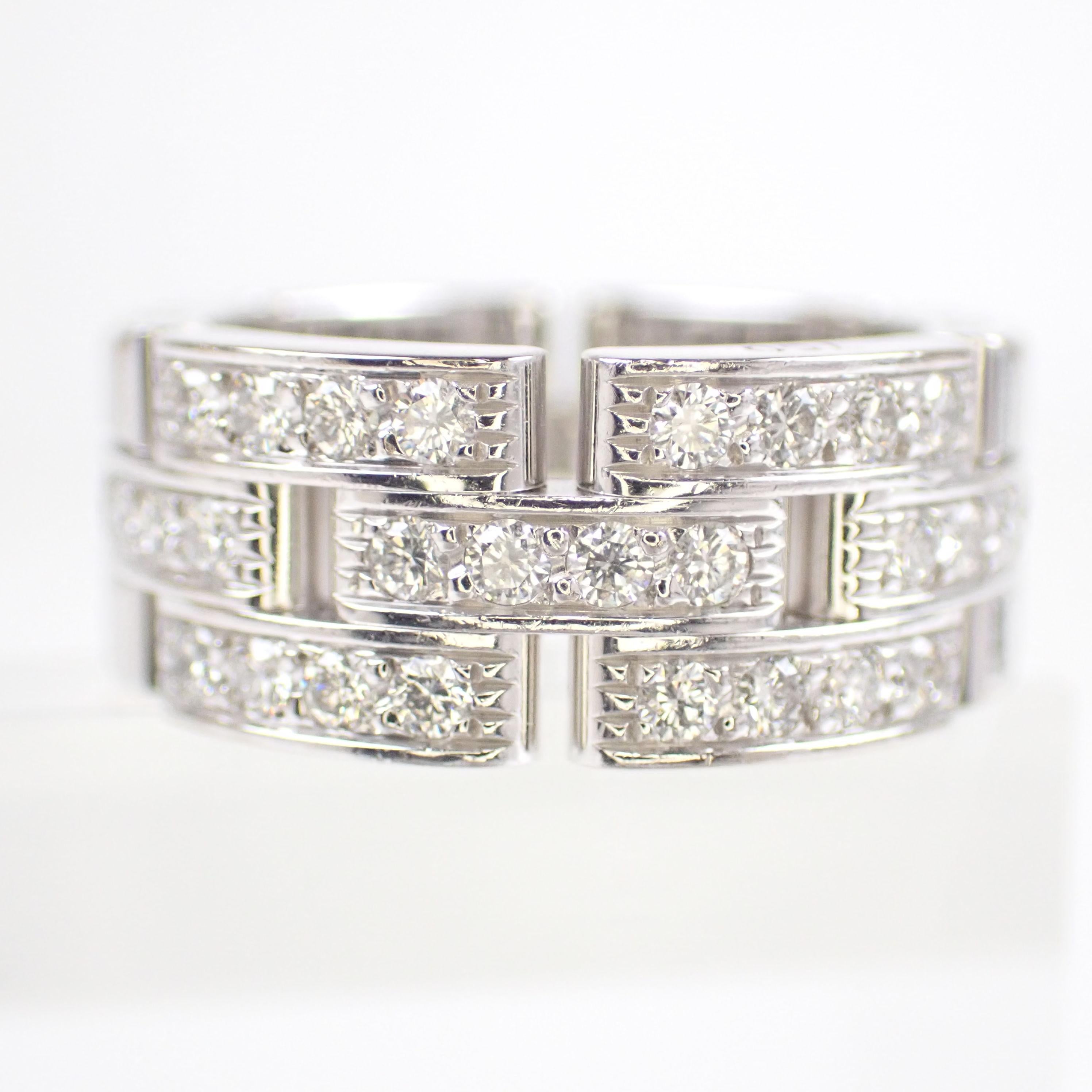 Brand : Cartier
Description: Maillon Panthère Ring 
Metal Type: 750WG/ White Gold
Total Weight: 12.9g 
Size: 50
Width: 8mm
Condition: Preowned; small signs of wearing
Box -  Included
Papers -  Included
