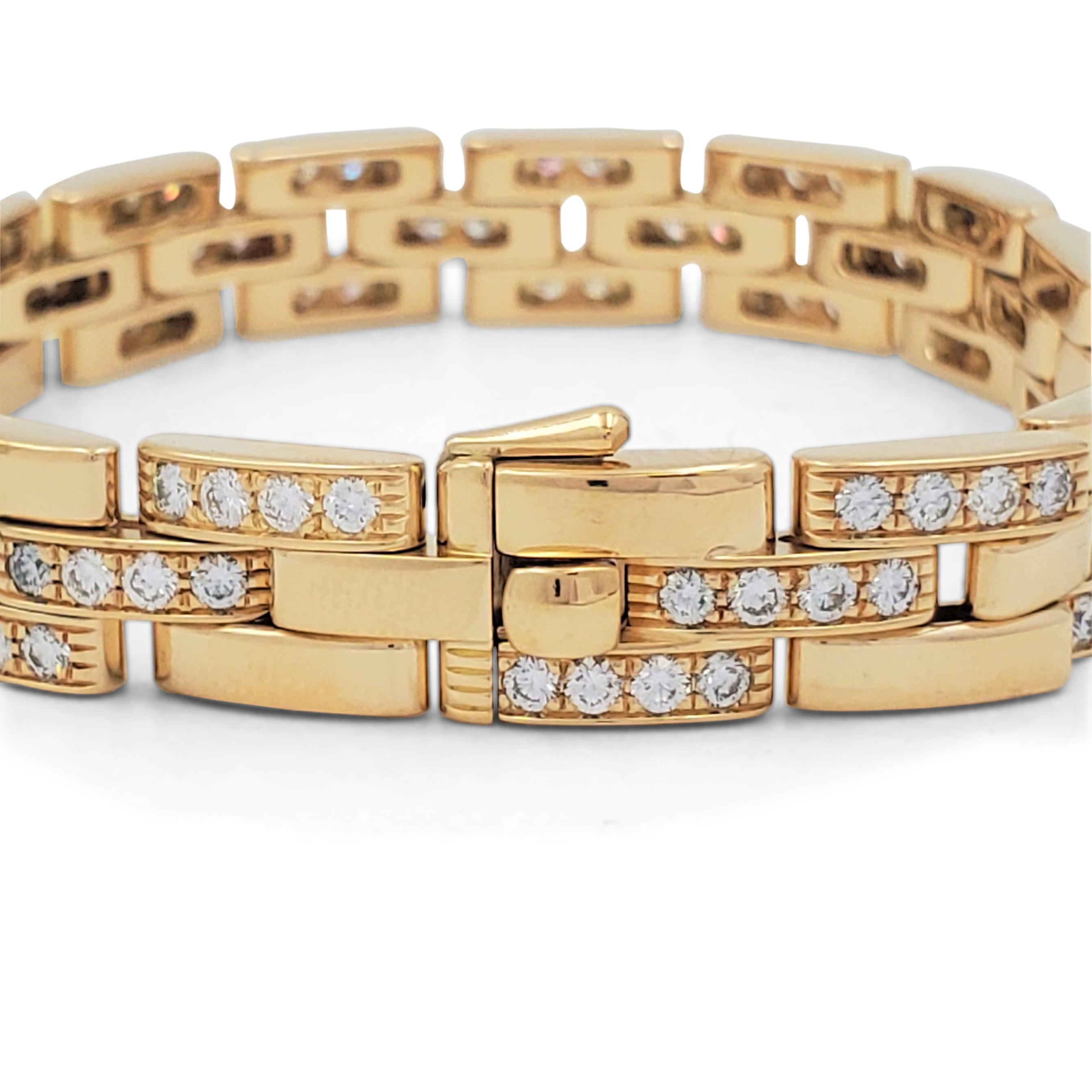 Round Cut Cartier 'Maillon Panthere' Three-Row Yellow Gold and Diamond Bracelet