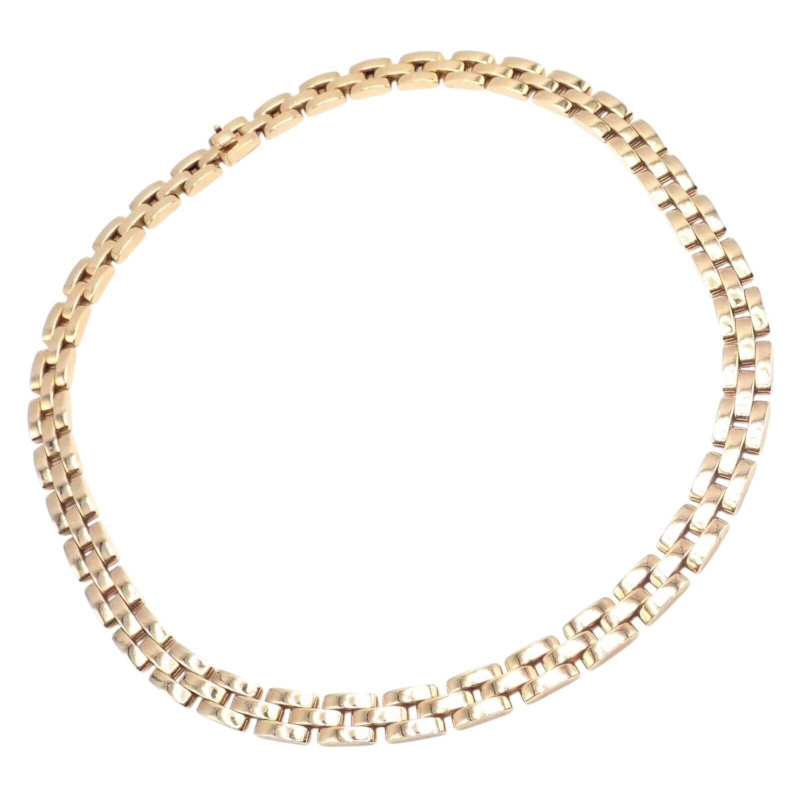 Dreireihige Panthere-Halskette aus Gelbgold (18 Karat) von Cartier.
Die ikonische Panthère-Kollektion von Cartier verkörpert zeitlose Eleganz in dieser 3-reihigen Maillon Panther Panthere 18k Yellow Gold Link Necklace. 
Die exquisit ineinander