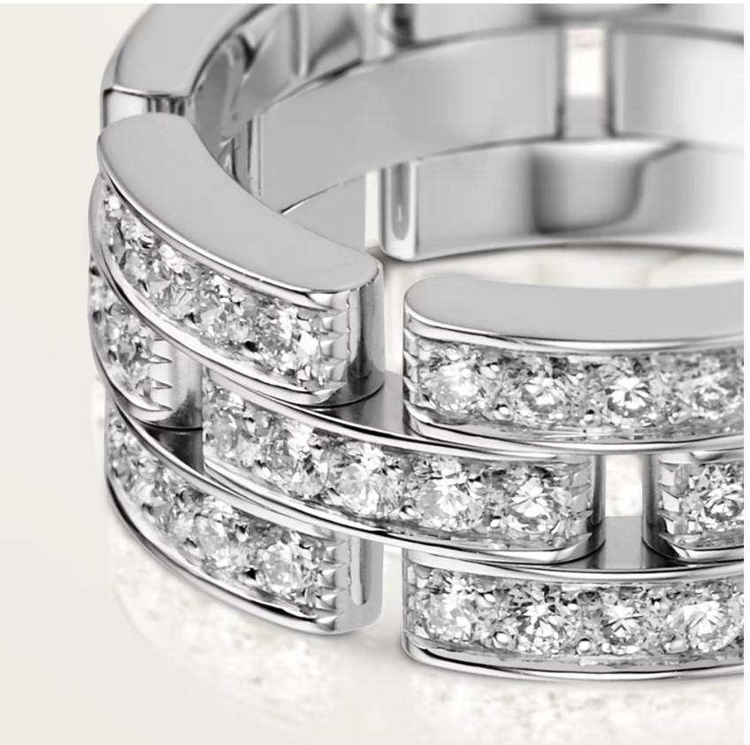 Cartier Maillon Panthère ring band
The ring is 18K White Gold
This is a triple row half-paved band
There are 35 round brilliant-cut white diamonds totaling 0.53Ct E/F VVS
The ring is 7.8 mm wide and 2.4mm thick
The ring is size 53 or 6.25 not