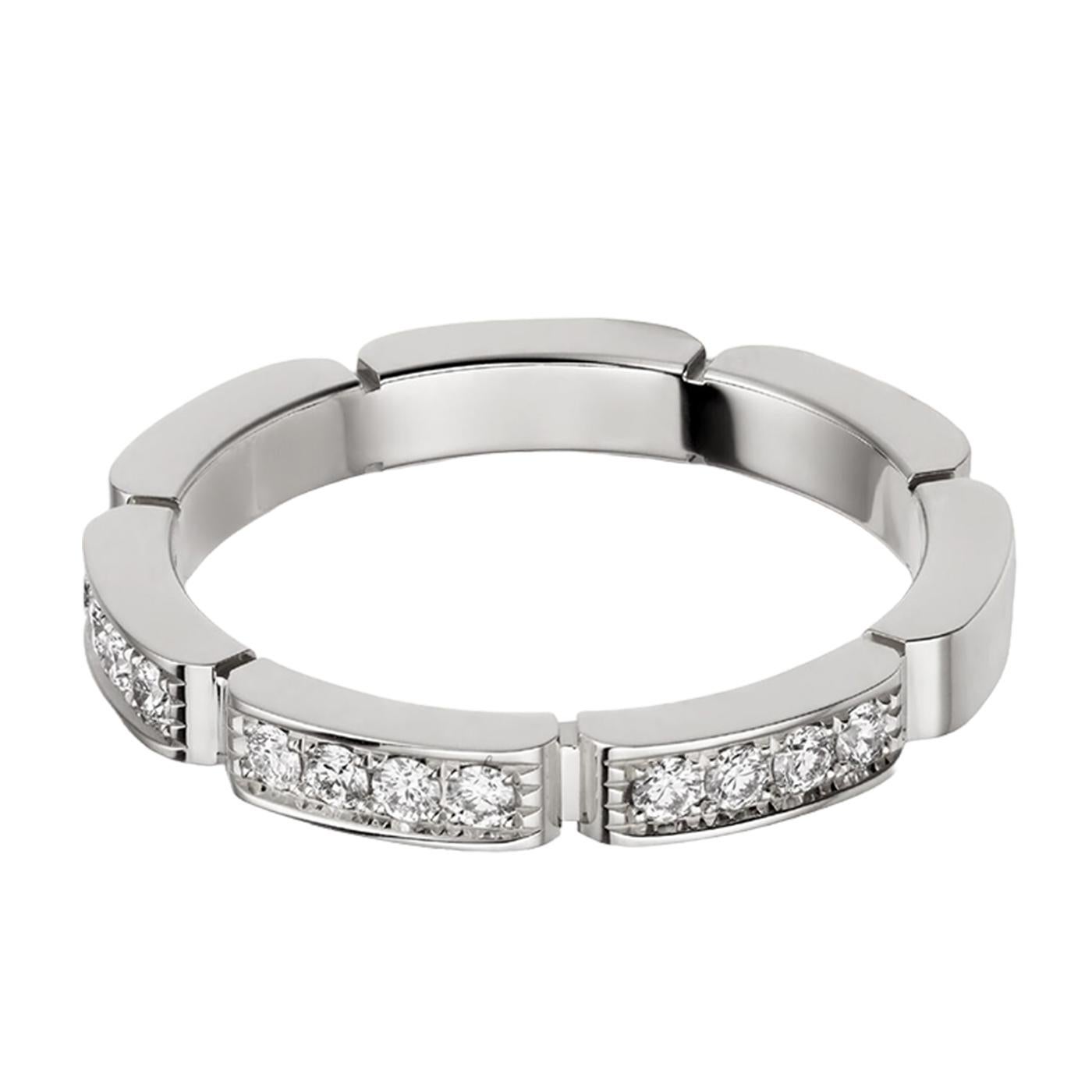 Maillon Panthère wedding band, 18K white gold (750/1000), set with 12 brilliant-cut diamonds totaling 0.15 carat. Width: 2.5 mm. Thickness: 2 mm (for size 50 / US Size 5.5).

Details:
Brand: Cartier
Style: Maillon Panthere Band
Carat Weight: 0.15
