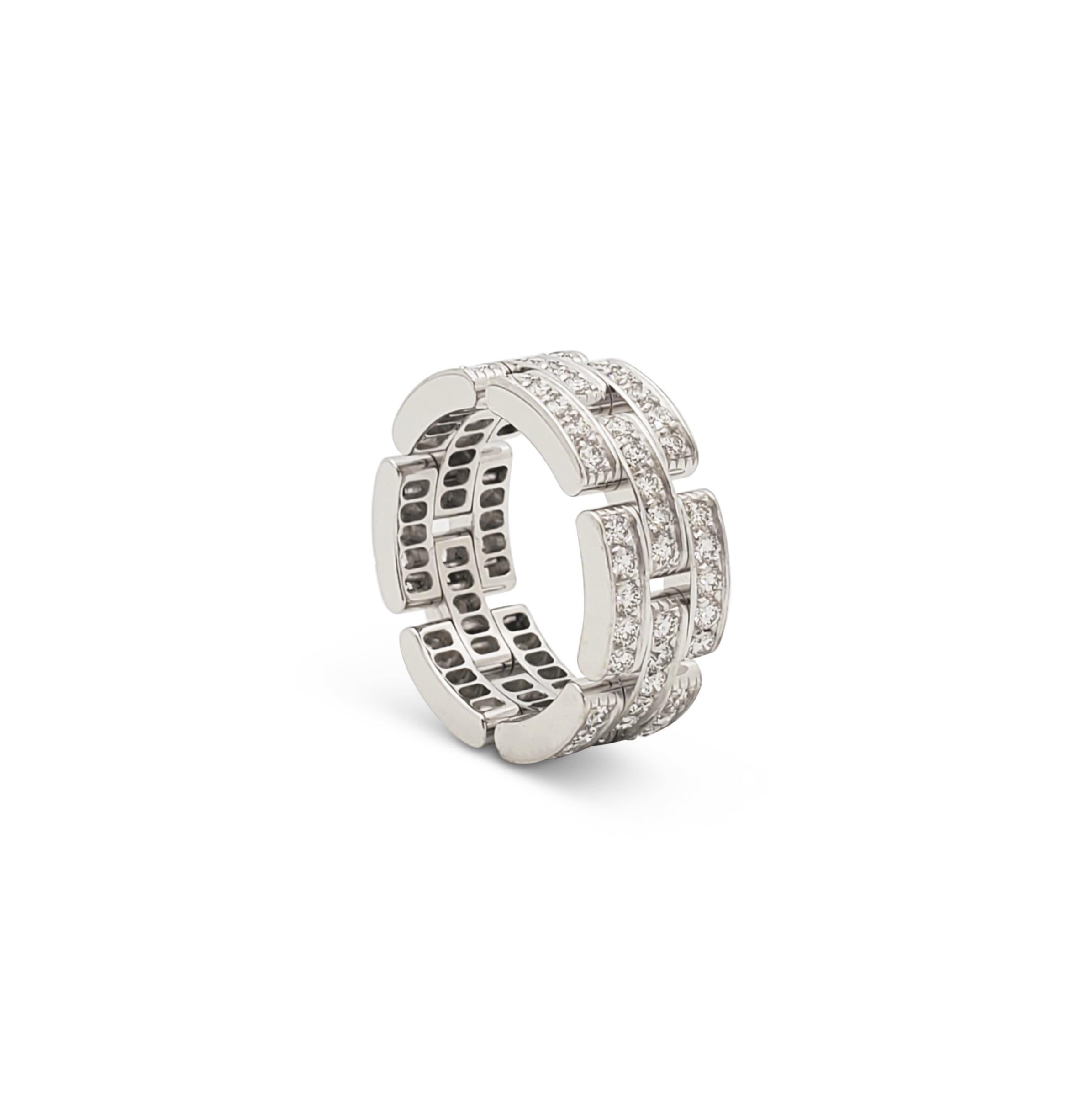 Authentic Cartier Maillon Panthère ring crafted in 18 karat white gold.  Comprised of 3 rows and set with sparkling round brilliant cut diamonds of approximately 1.37 carats total weight.  Size 52, US 6.  Signed Cartier, 52, 750, with serial number