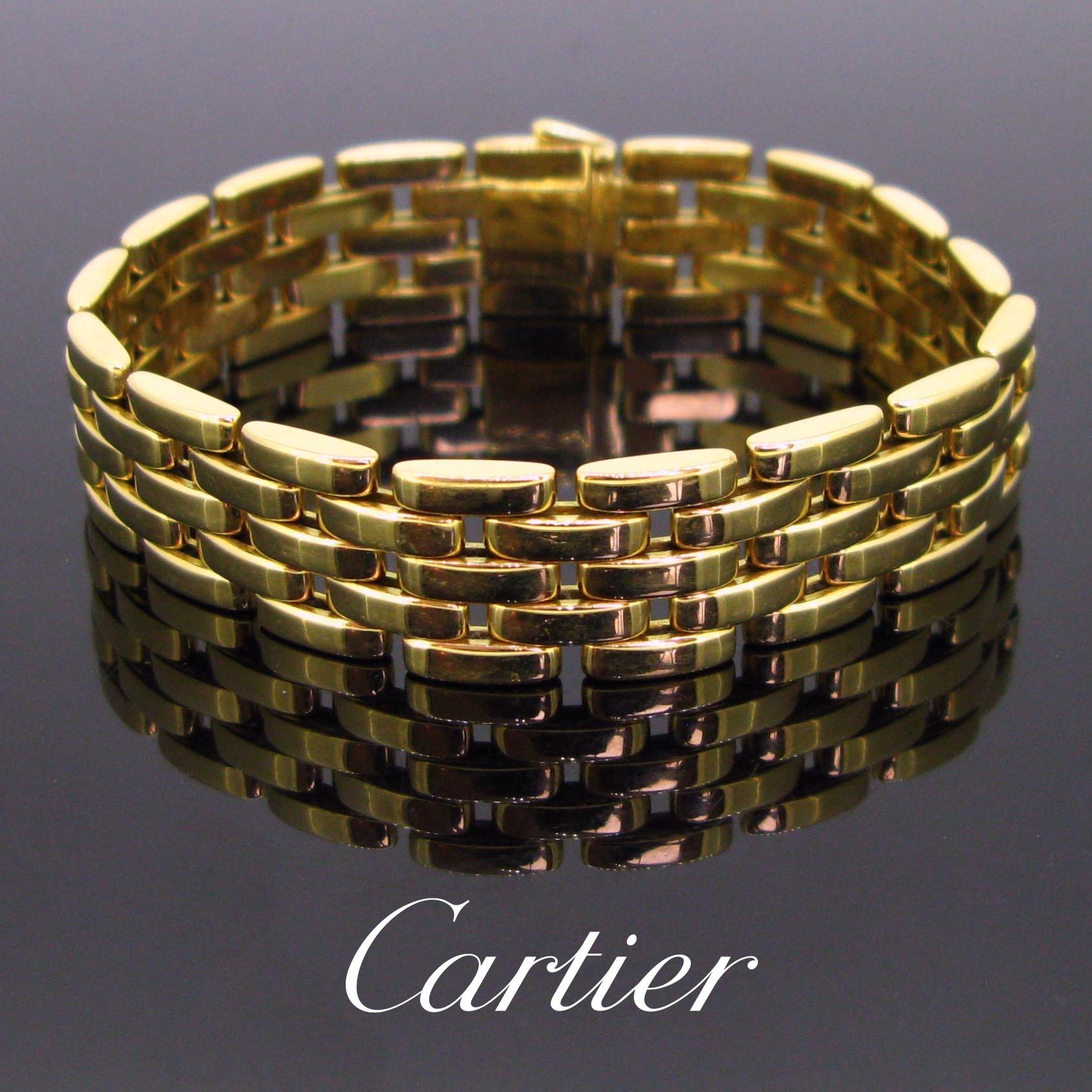 This vintage bracelet is from the famous and timeless Panthere collection by Cartier. It is the “Maillon” Panthere. It is made in 18kt yellow gold and this one has 5 rows links. The gold is smooth and shiny. It is very easy to wear every day. It