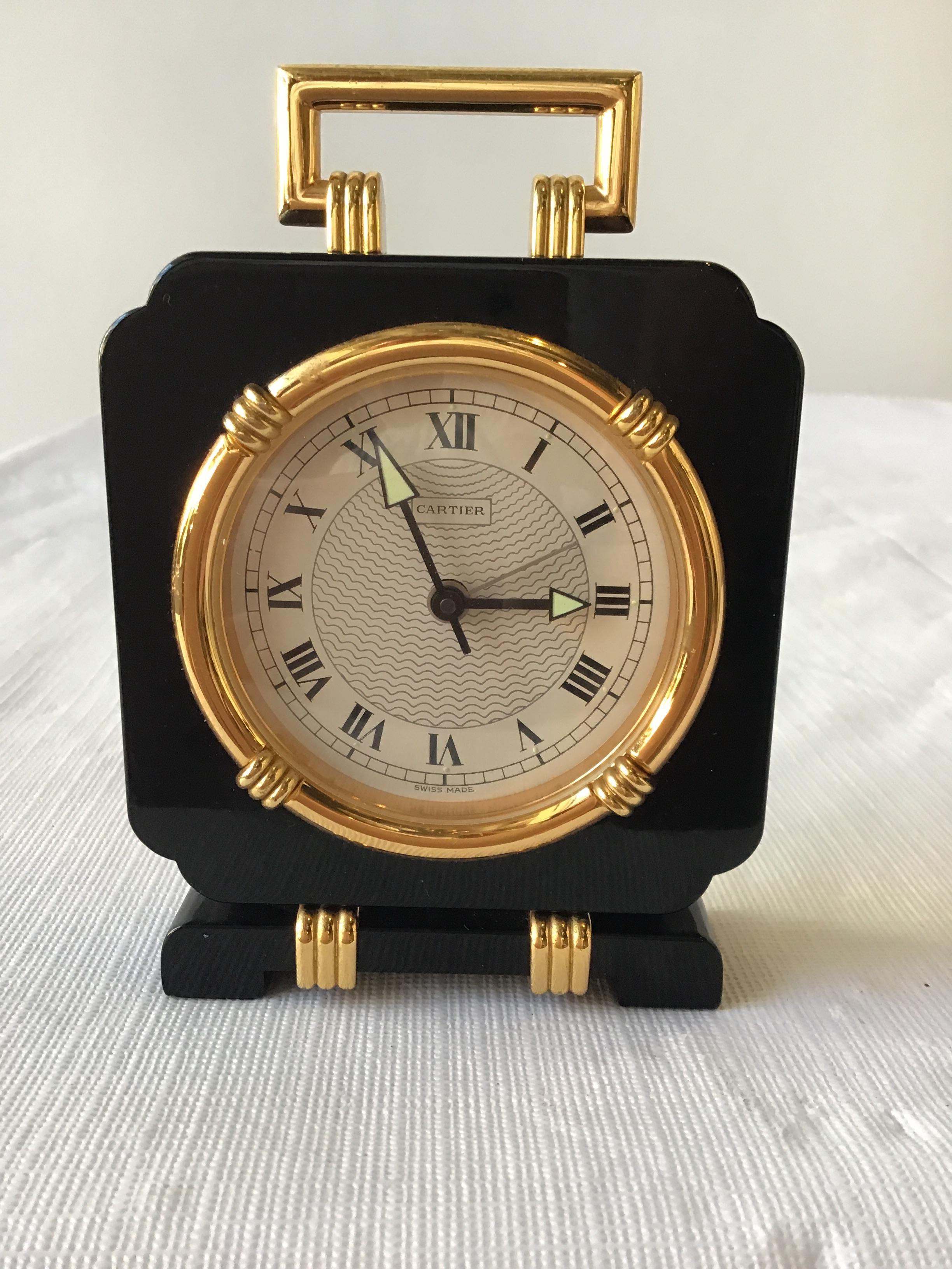 Cartier Marques et Modele Deposes black onyx quartz travel clock. Runs.
