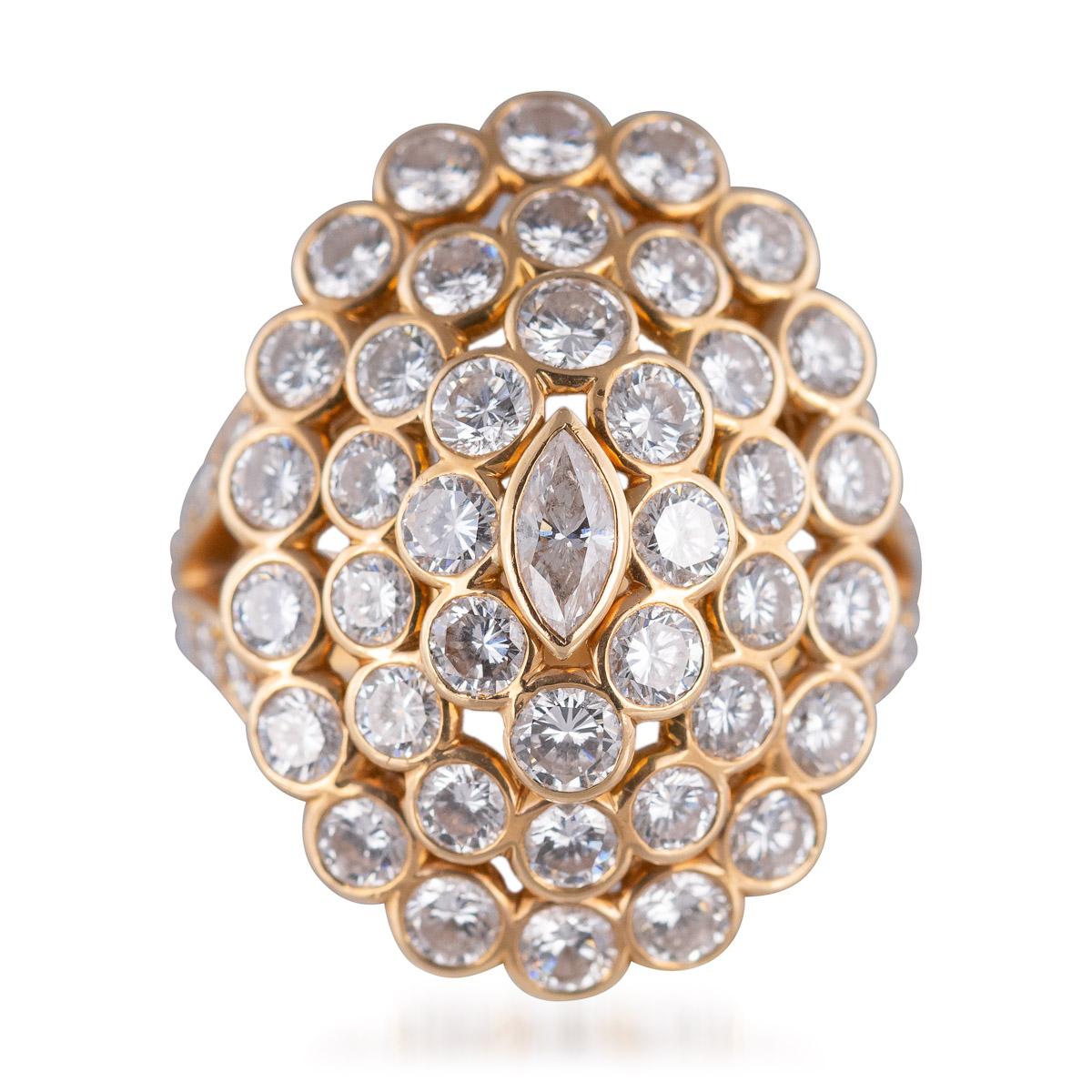 SETTING SPECIFICATIONS
Gold Purity: 18K Yellow Gold 750
Weight:  9.7 grams
Size: M
Hallmarks: 750, 5A, CARTIER

STONE SPECIFICATIONS
Carat Weight: 5.00 Carat
Shape: Marquise & Round Brilliant
Color: F-G
Clarity: VVS