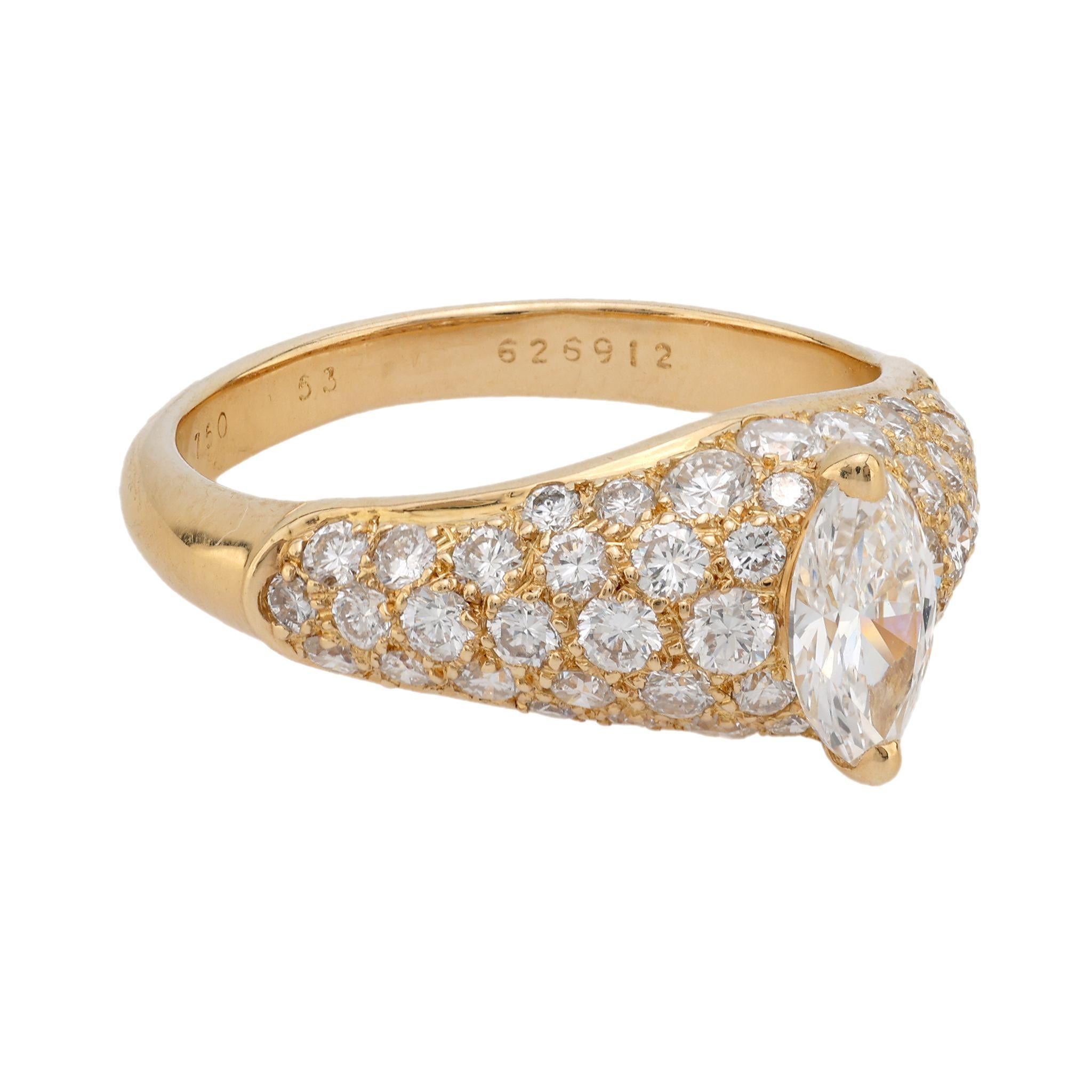 Modern Cartier marquise cut diamond 18k yellow gold pave engagement ring