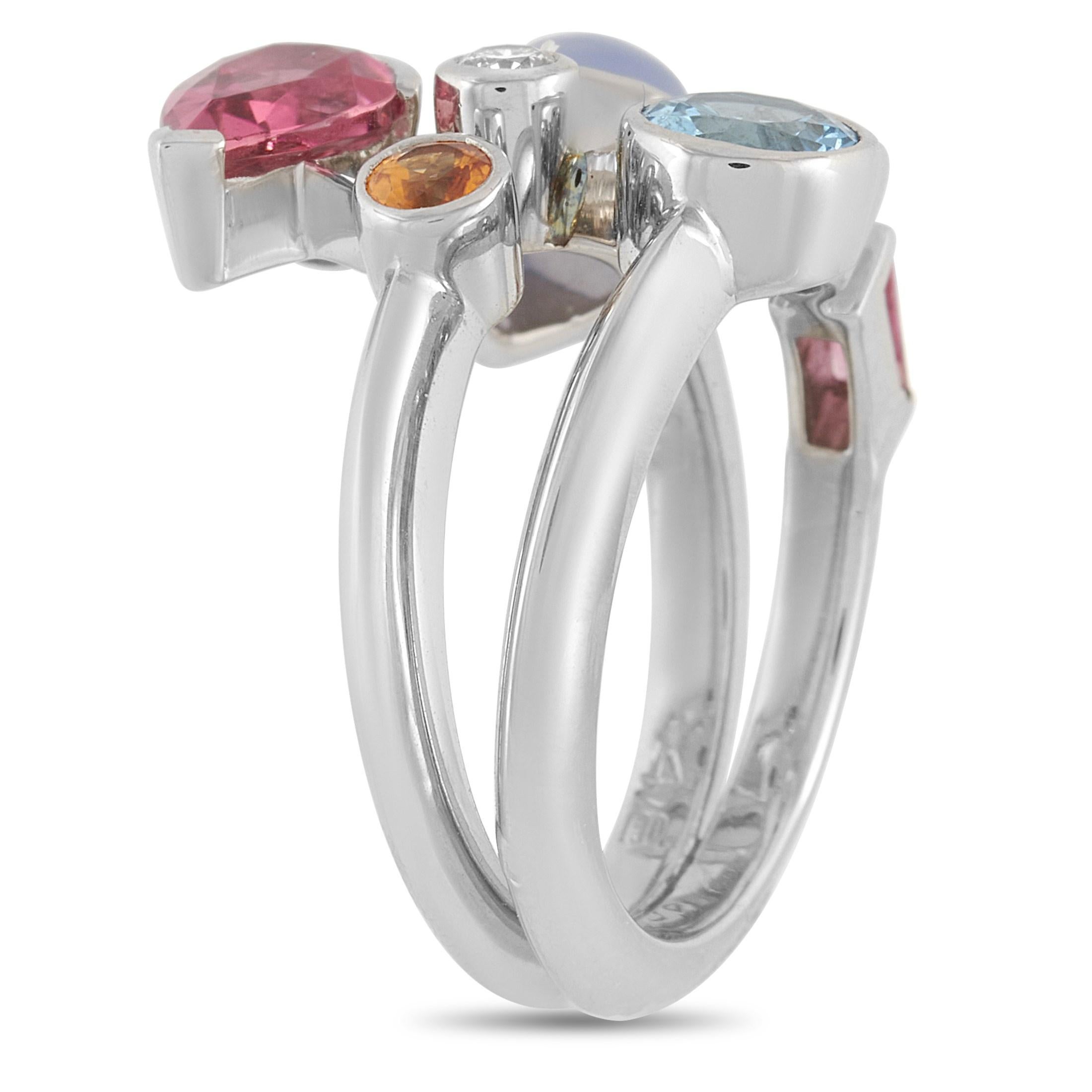 The magnificent Cartier Meli Melo Platinum Multi-Gemstone Ring is a statement piece that will allow your style to shine. Crafted in platinum with a split shank that connects in a multi-gem sculpted vine center, this ring shimmers with graceful