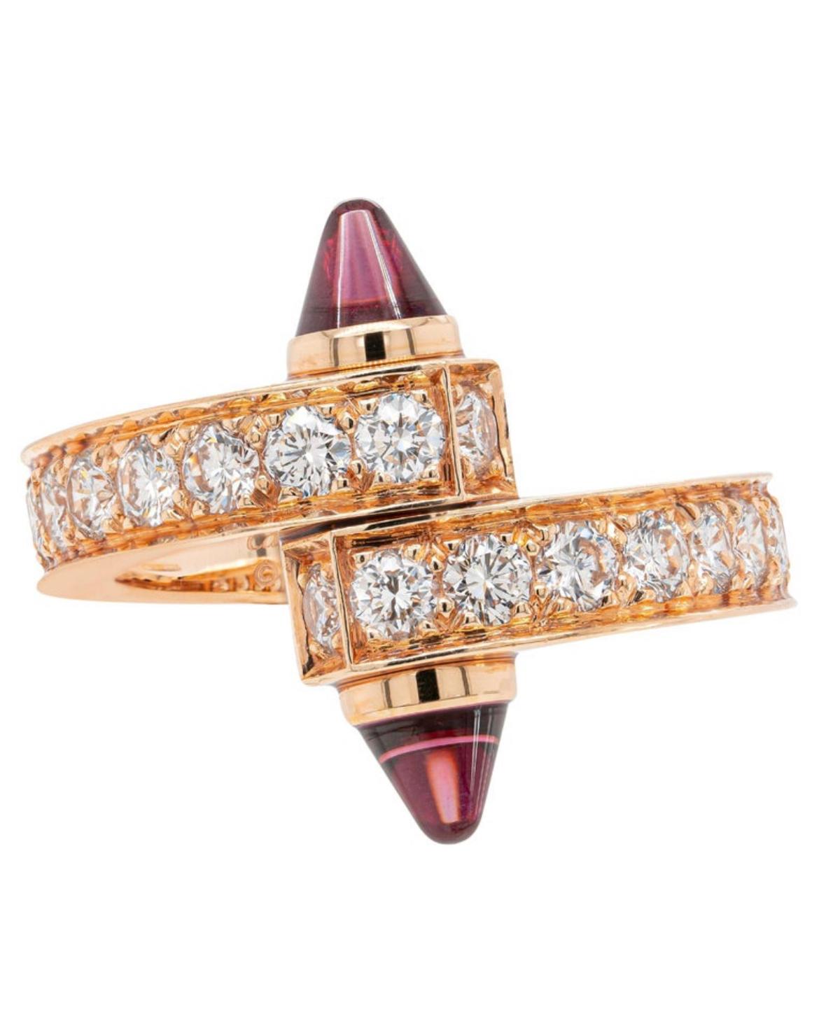 Women's or Men's Cartier Menotte 18ct Rose Gold Diamond and Pink Tourmaline Bypass Ring