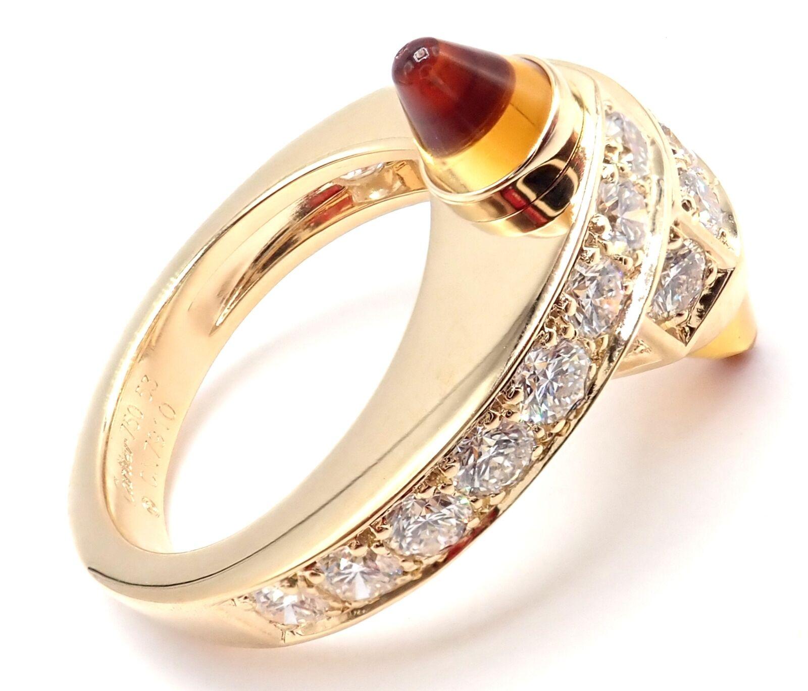 18k Yellow Gold Diamond and Citrine Menotte Band Ring by Cartier.  
With 20 round brilliant cut diamonds VVS1 clarity, G color total weight approximately 1.5ct
2 Citrine Stones
Details:  
Ring Size: European 53 US 6 1/2
Weight: 10 grams
Width:
