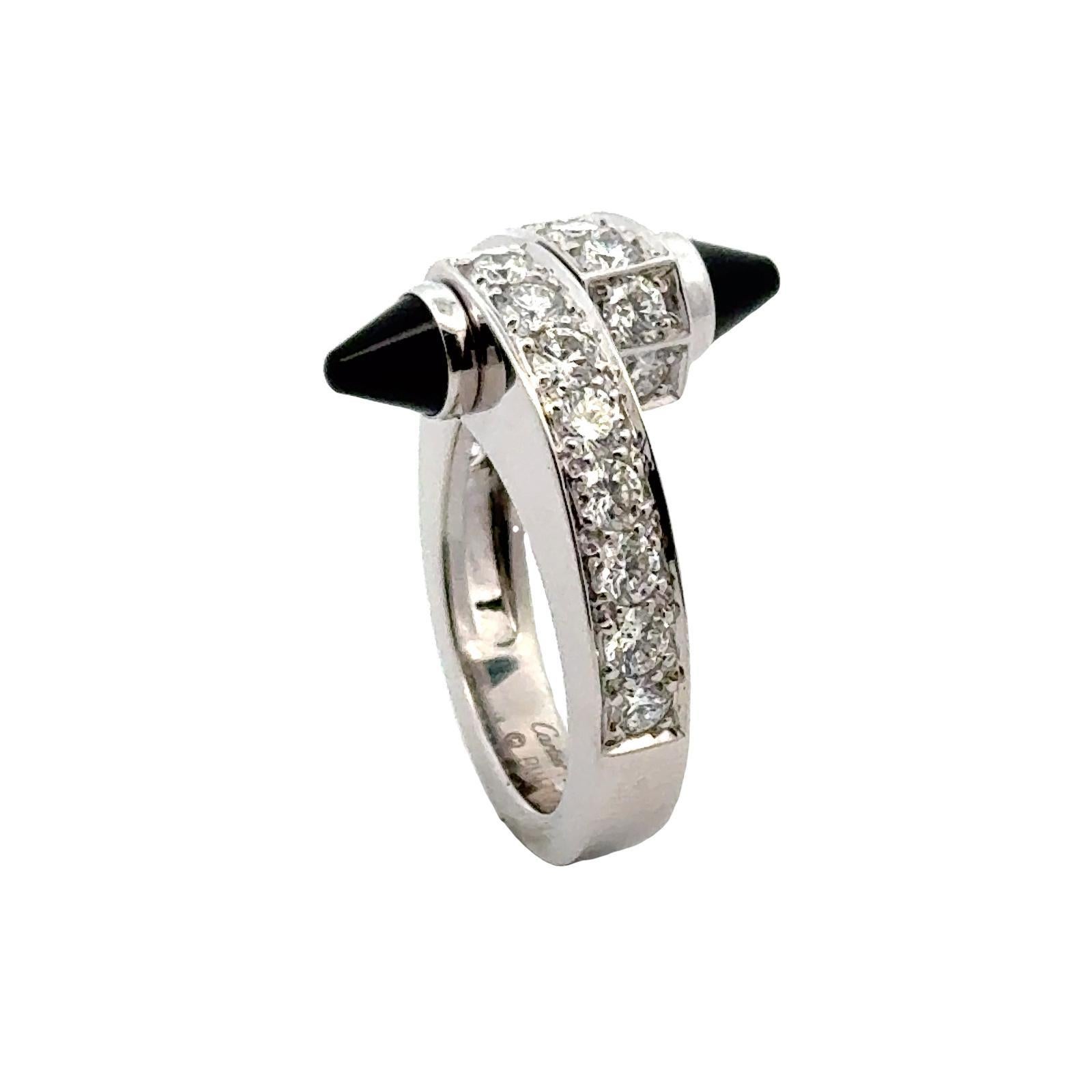 Cartier Menotte Diamant Onyx 18 Karat Weißgold Ring Größe 54 im Angebot 4