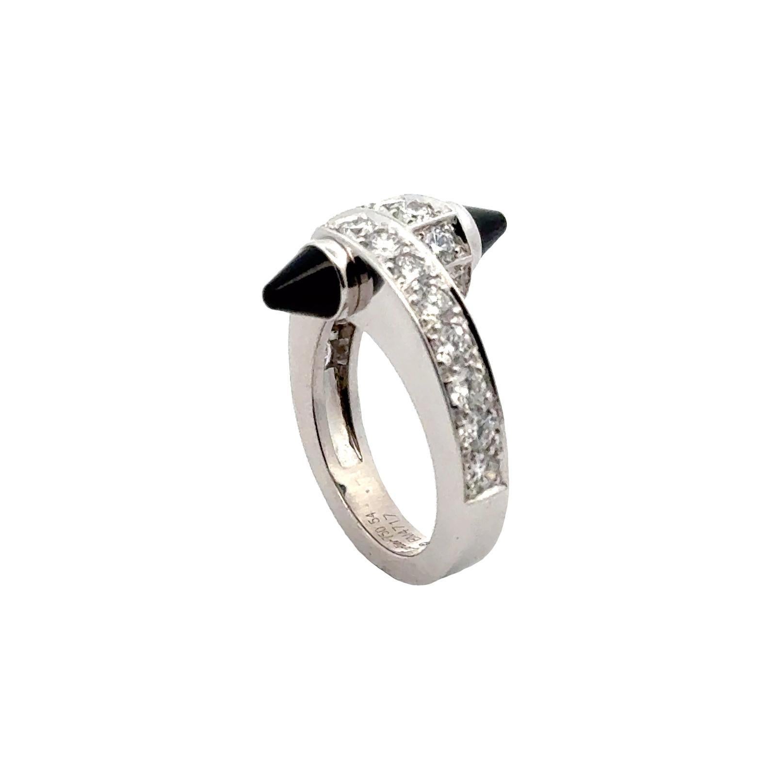 Cartier Menotte Diamond Onyx 18 Karat White Gold Ring Size 54 6