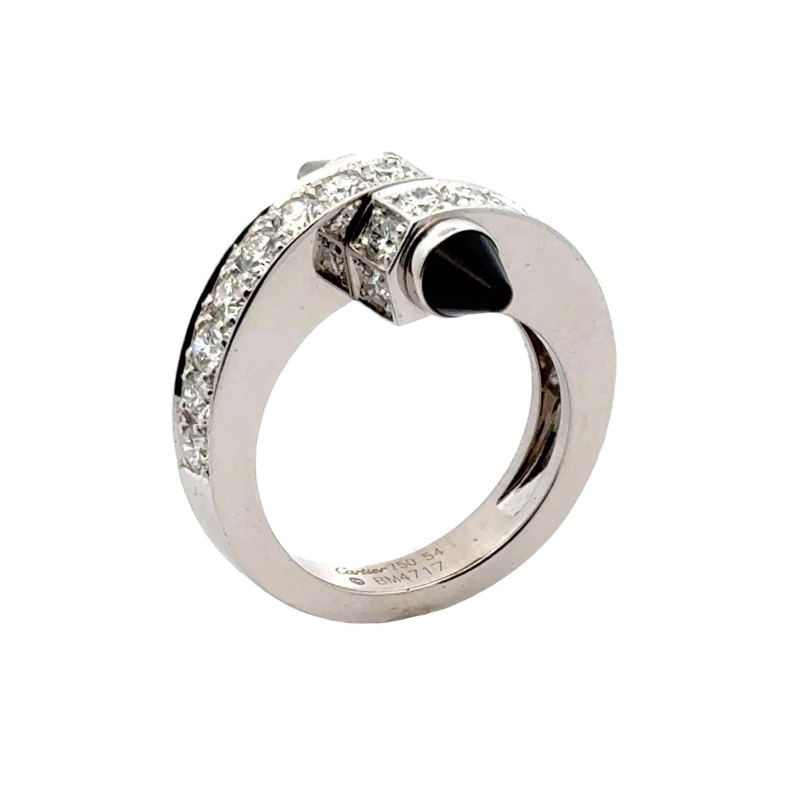 Cartier Menotte Diamond Onyx 18 Karat White Gold Ring Size 54 7