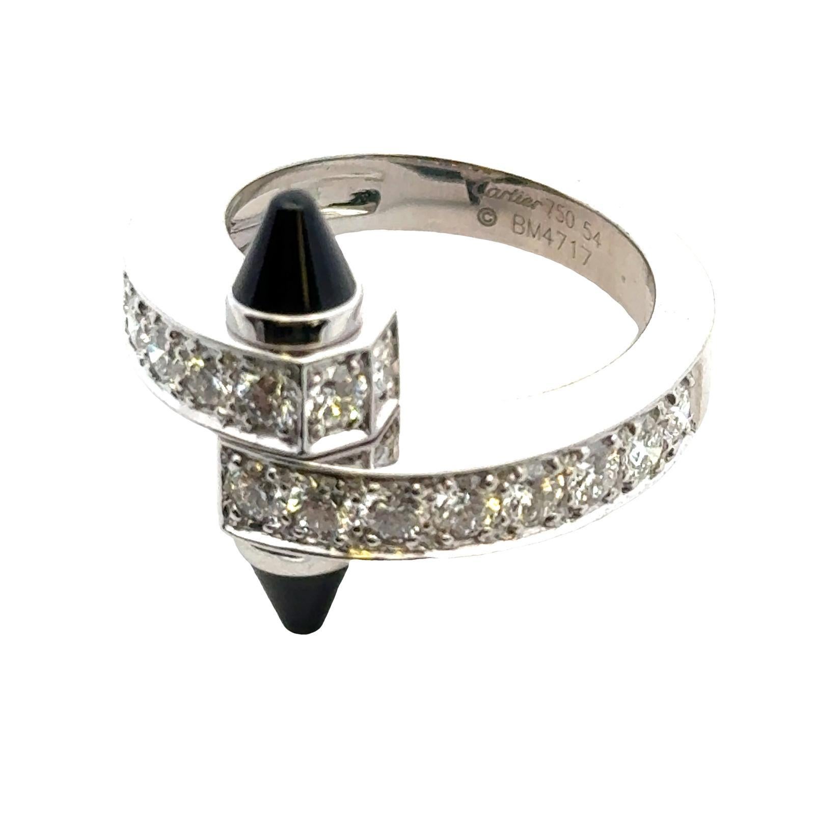 Cartier Menotte Diamond Onyx 18 Karat White Gold Ring Size 54 1