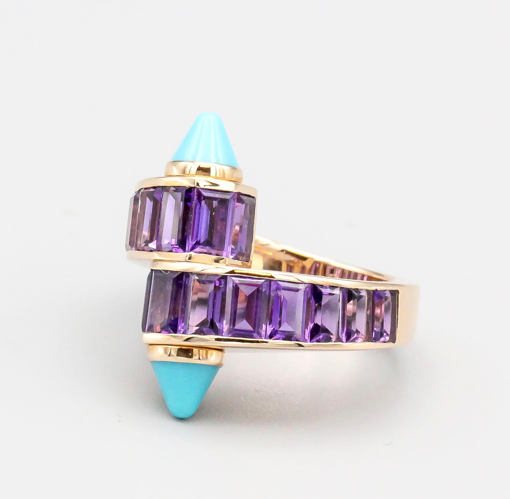 Fine and rare 18k rose gold ring channel set with amethysts and further accented by turquoise, by Cartier circa 21st Century.  European size 51, approx. US size 5.5.

Hallmarks:  Cartier, French 18k gold assay marks, maker's mark, reference numbers,
