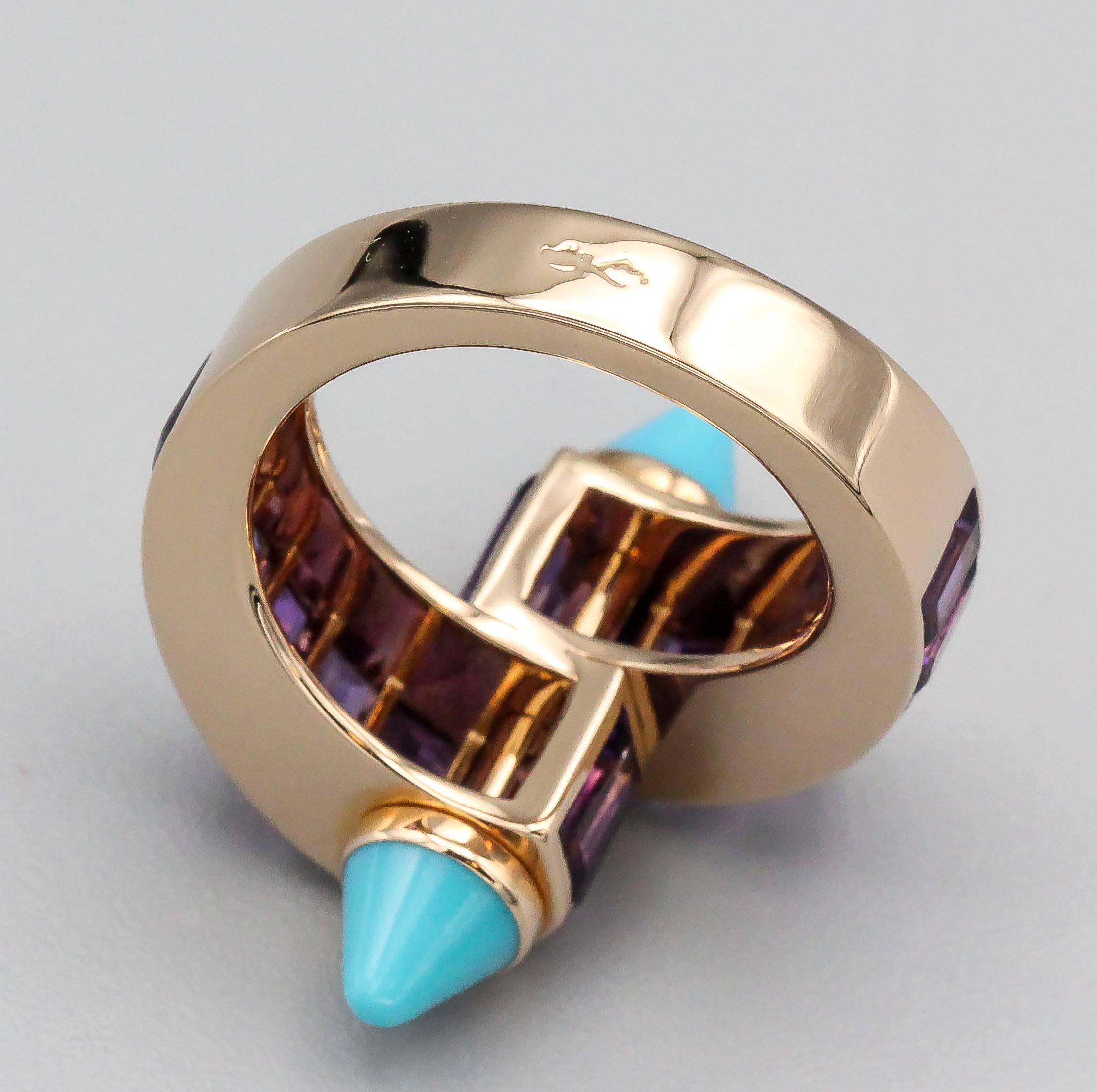 Cartier Menotte Turquoise Amethyst 18 Karat Rose Gold Ring In Excellent Condition In New York, NY