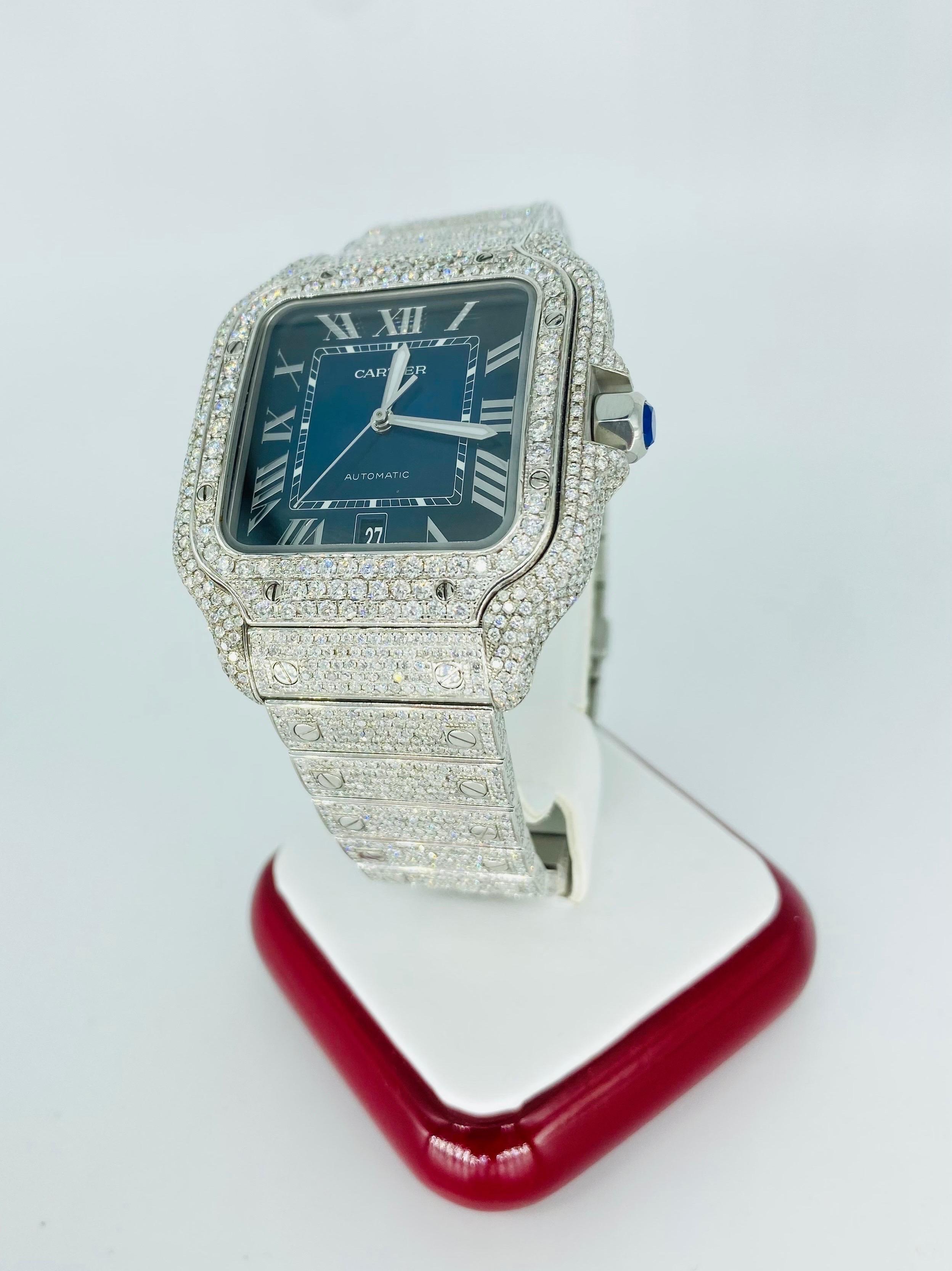 Very luxurious wristwatch by Cartier!
XL Model Approx 20 carats of natural diamonds SI/VS clarity G=H Color aftermarket diamonds.
Full diamonds set Santos watch, large model, mechanical movement with automatic winding, caliber 1847 MC. Steel case,
