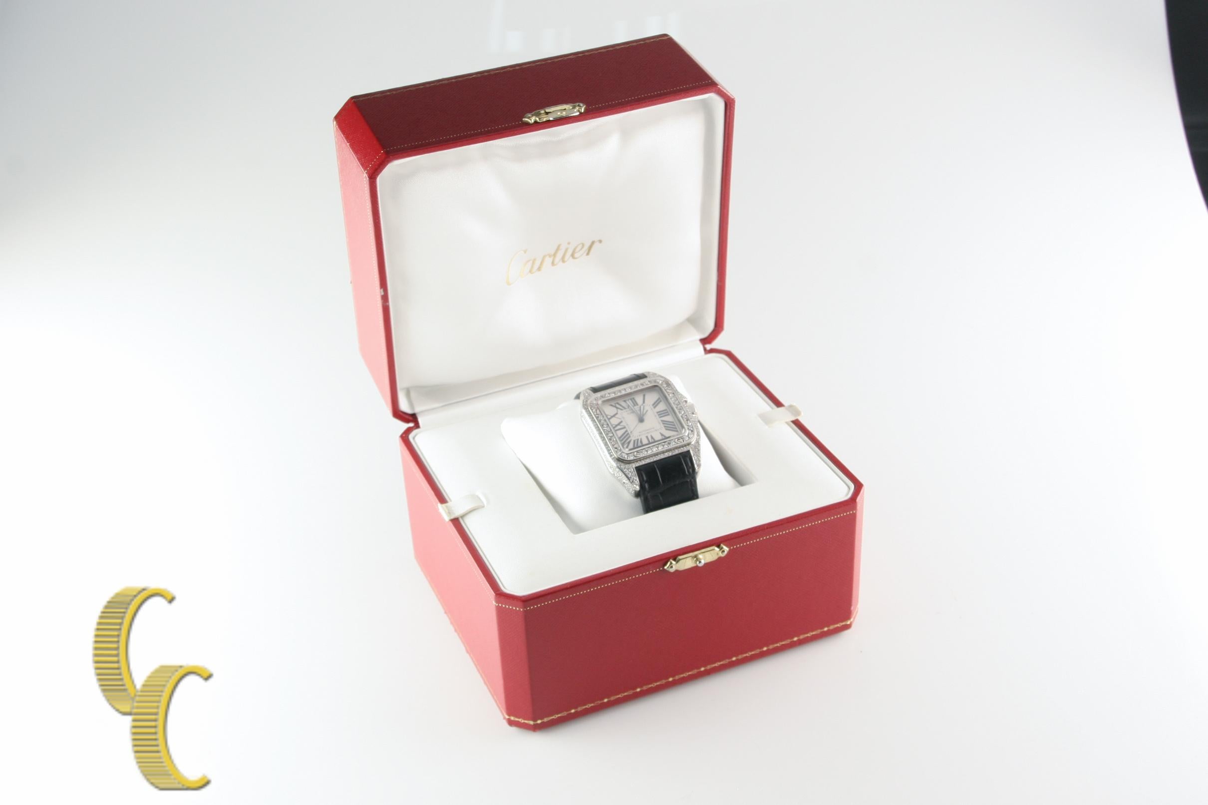 Cartier Men's Santos 100 XL Diamond Watch with Original Leather Band with Box In Fair Condition In Sherman Oaks, CA