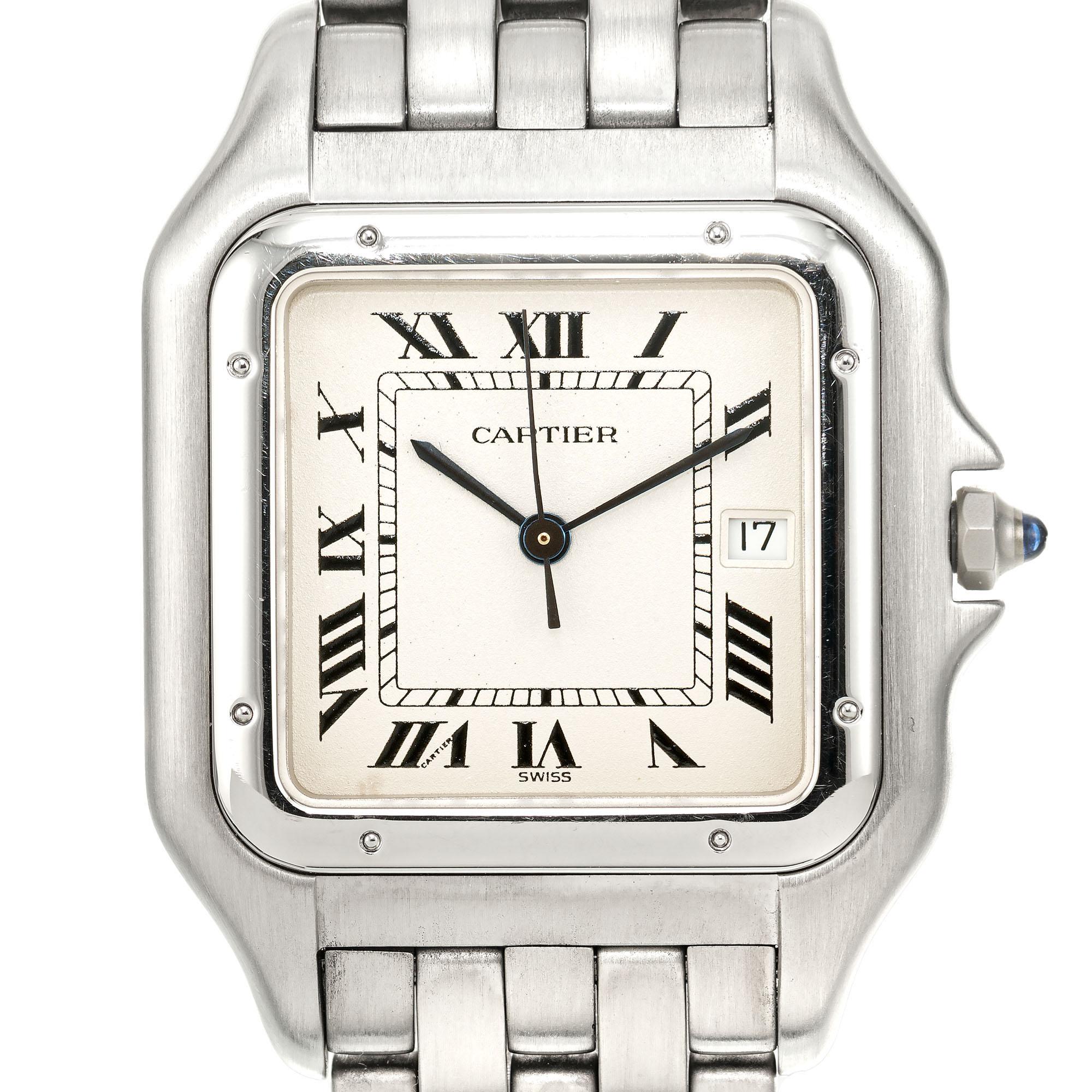 Classic mens Cartier Panthere Steel watch. Roman numeral parchment color dial. Deployment buckle. 7 1/8 Inches. 

Length: 39.77mm
Width: 30mm
Band width at case: 16.45mm
Case thickness: 6.11mm
Band: Stainless Steel
Crystal: sapphire
Dial: parchment