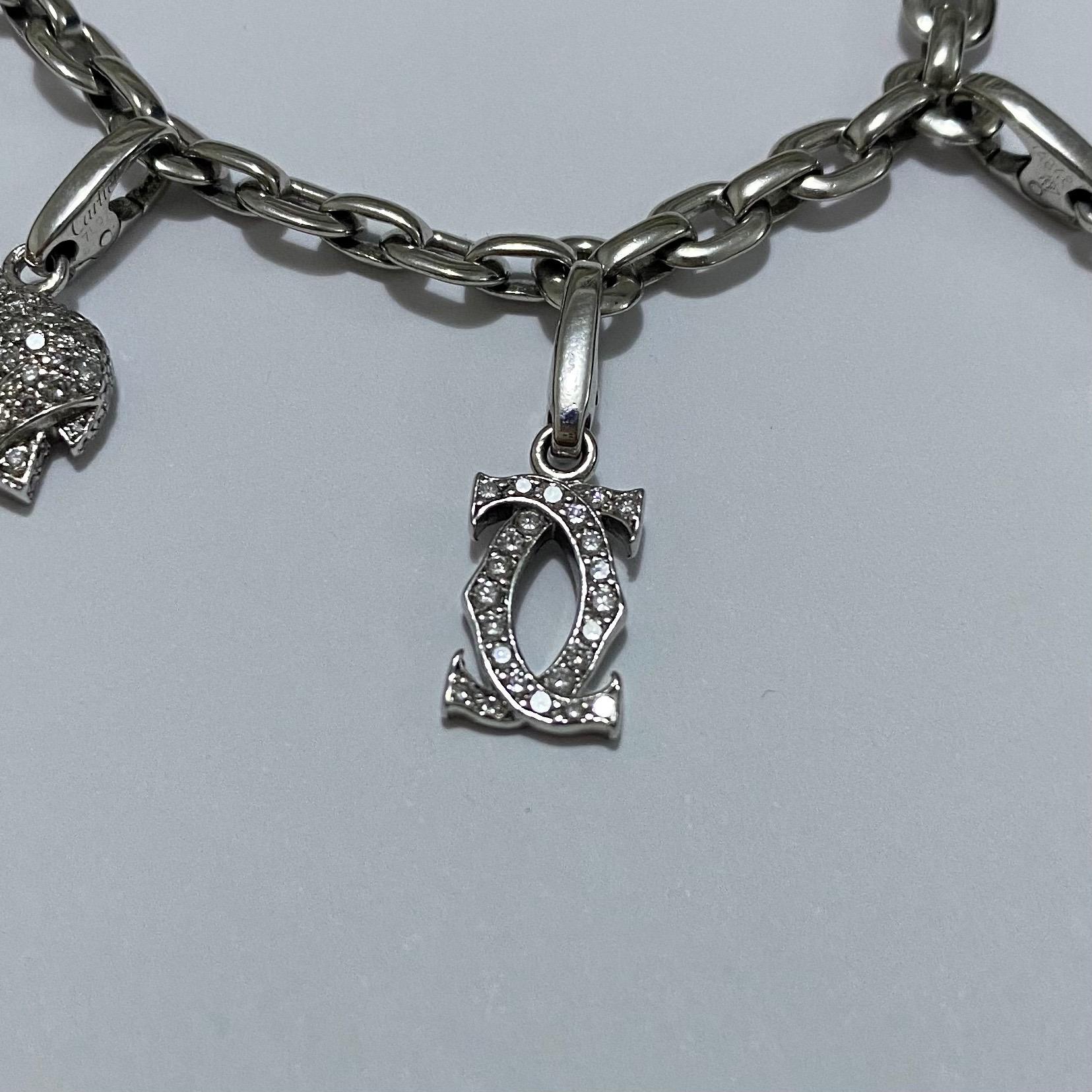Cartier Meplat Charm Bracelet 18k White Gold Diamond Khandy Elephant Star Heart For Sale 3