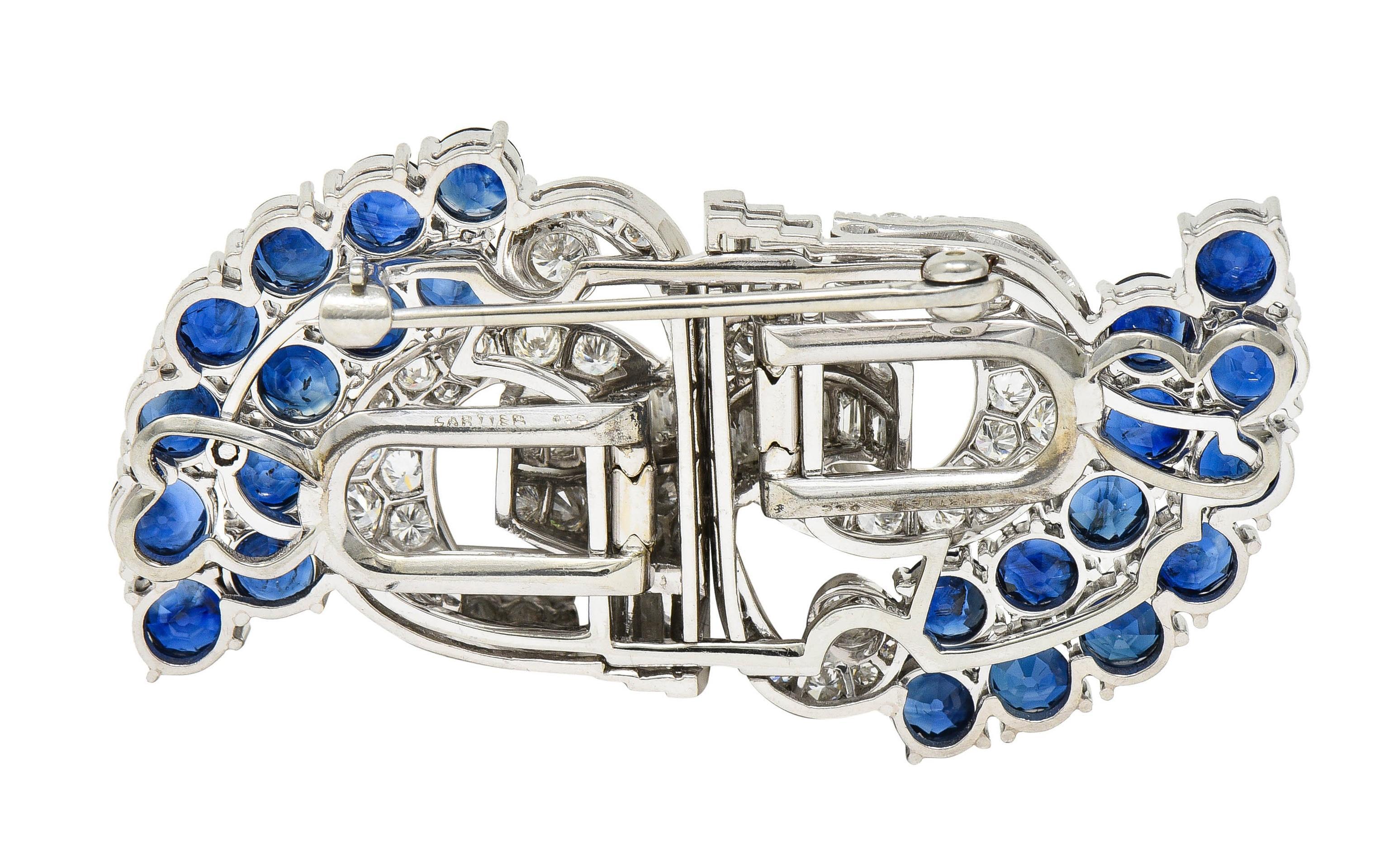Cartier Mid-Century 13.92 CTW Sapphire Diamond Platinum Vintage Brooch Clips In Excellent Condition For Sale In Philadelphia, PA