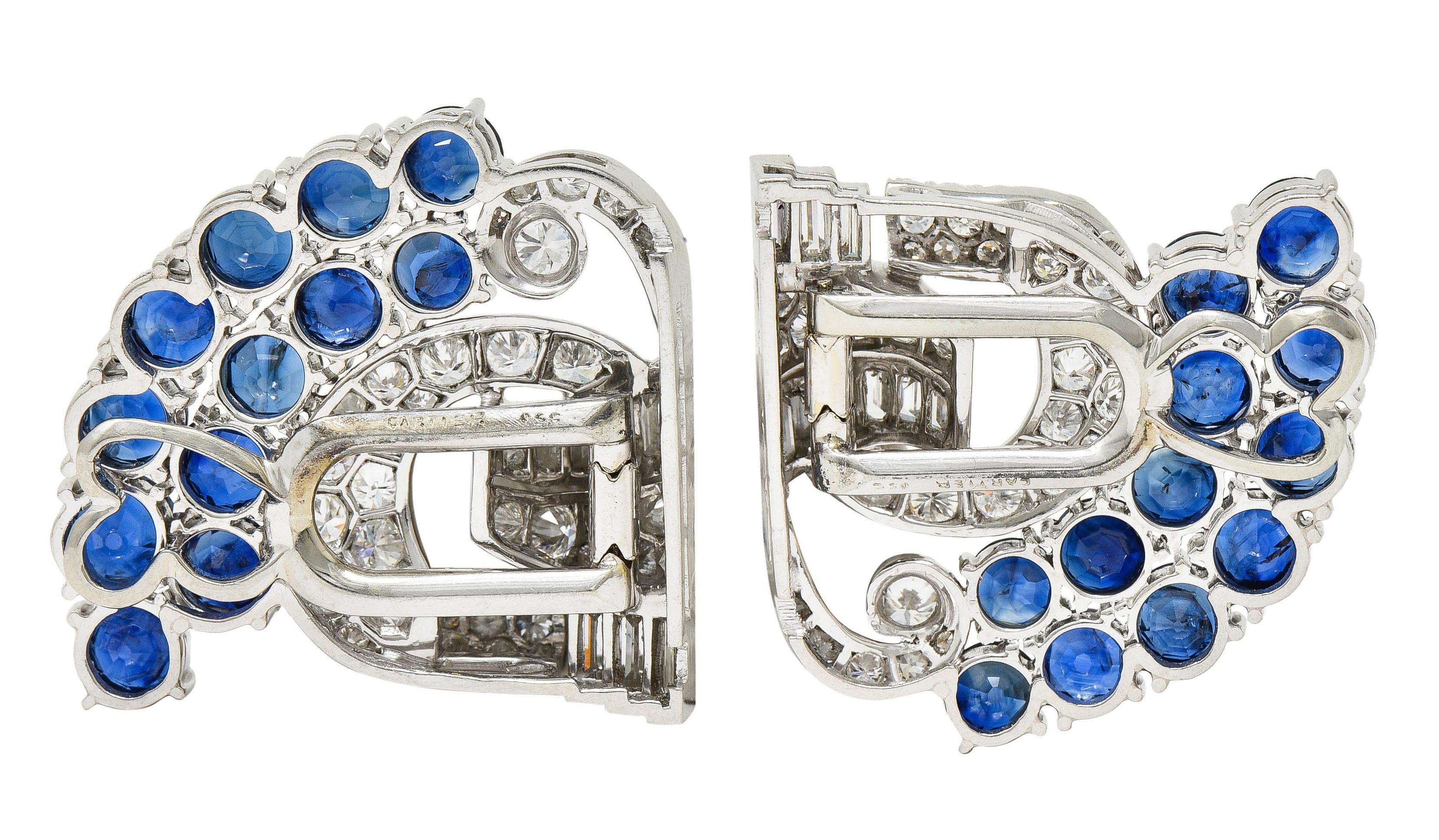 Women's or Men's Cartier Mid-Century 13.92 CTW Sapphire Diamond Platinum Vintage Brooch Clips For Sale