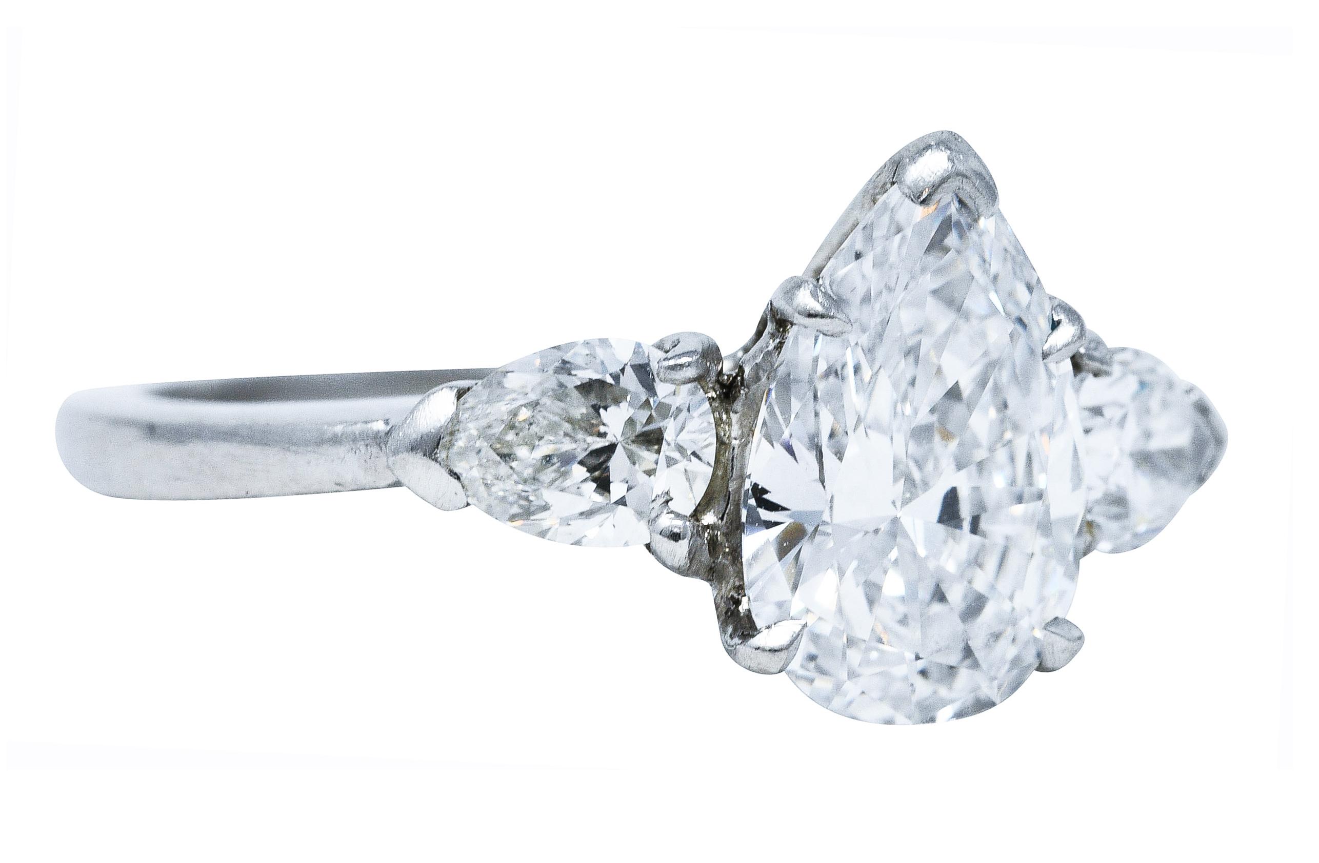 Pear Cut Cartier Mid-Century 2.06 Carat Diamond Platinum Pear Three Stone Engagement Ring