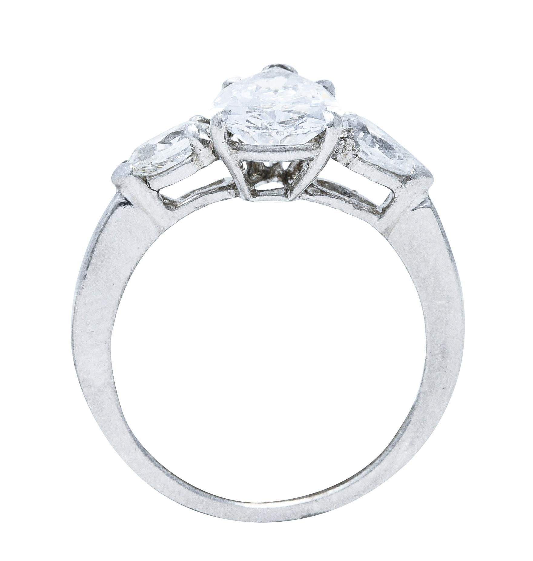 Cartier Mid-Century 2.06 Carat Diamond Platinum Pear Three Stone Engagement Ring In Excellent Condition In Philadelphia, PA