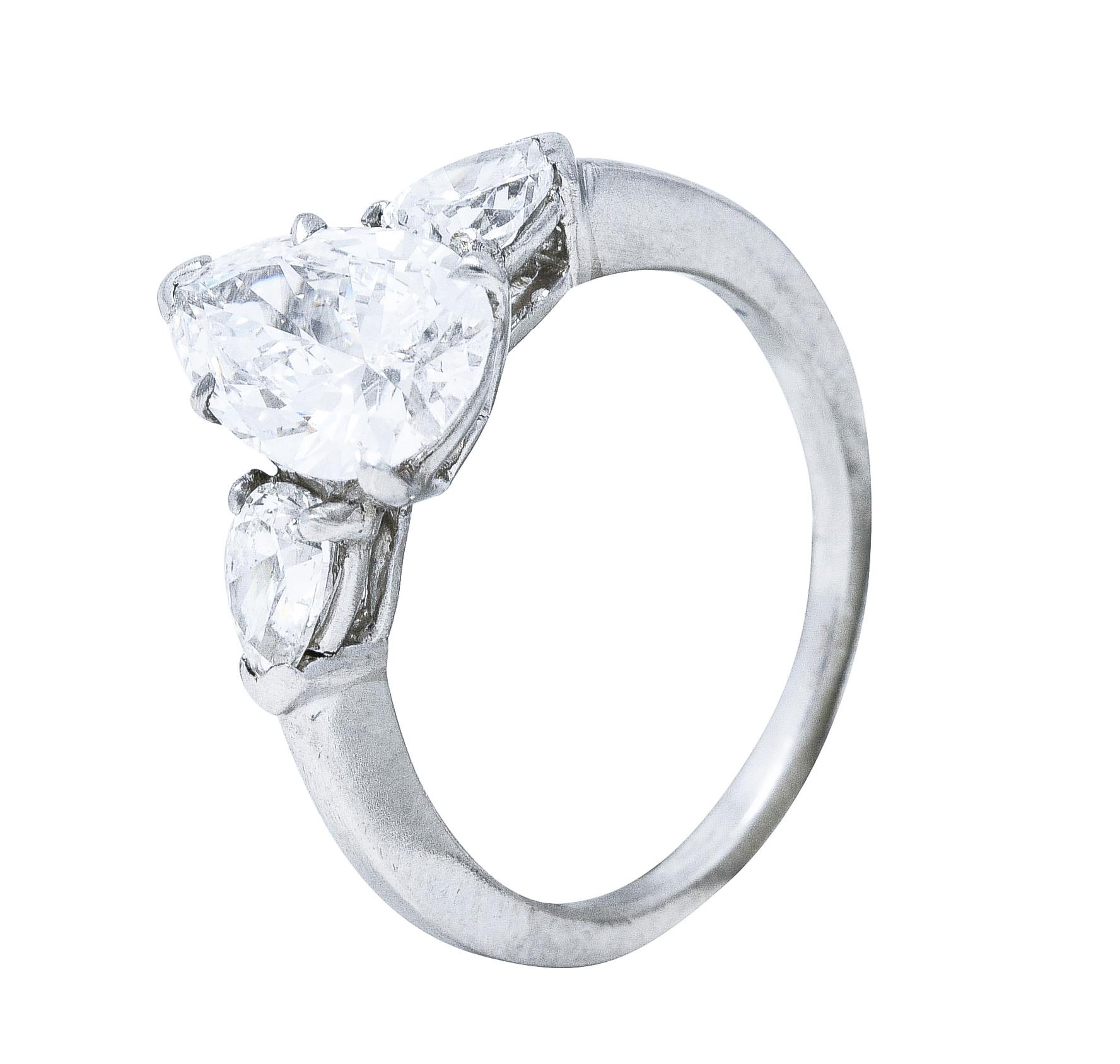 Women's or Men's Cartier Mid-Century 2.06 Carat Diamond Platinum Pear Three Stone Engagement Ring