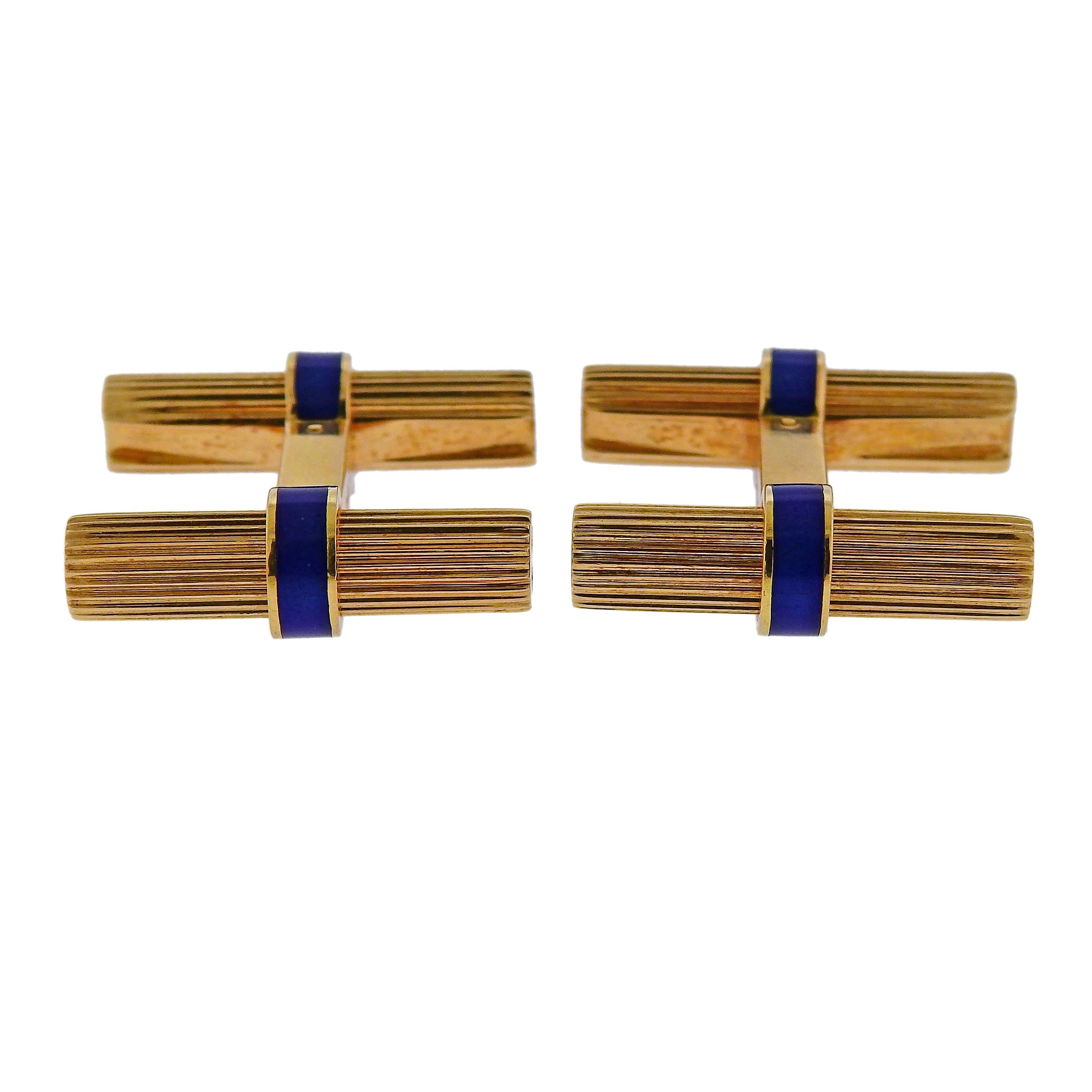 Pair of classic Mid century 18k gold bar cufflinks by Cartier, decorated with blue enamel. Each cufflink top is 22mm x 7mm, total weight is 13.6 grams. Marked Cartier, 750, 673059, OR750.