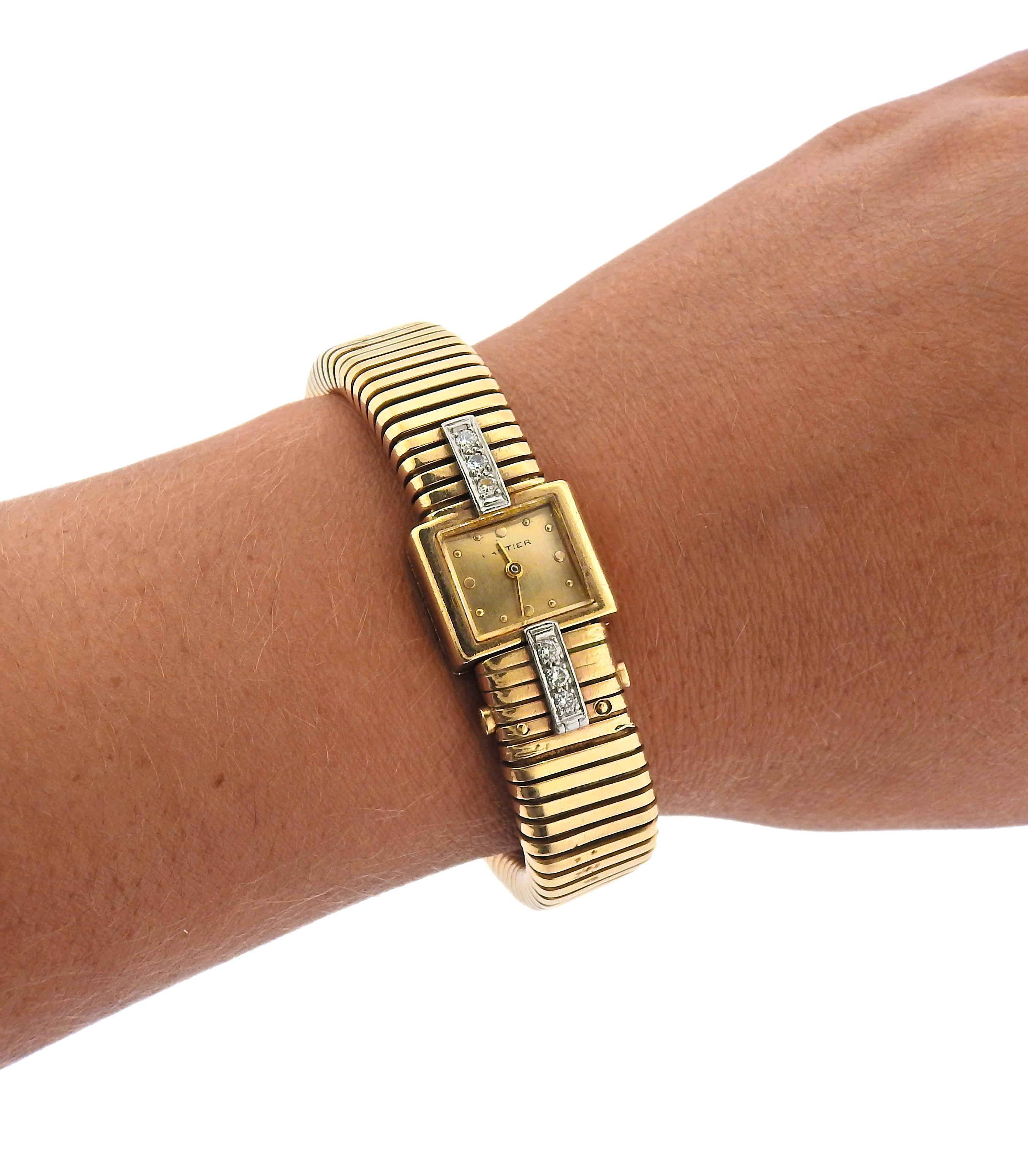 Women's Cartier Midcentury Gold Diamond Watch Bracelet