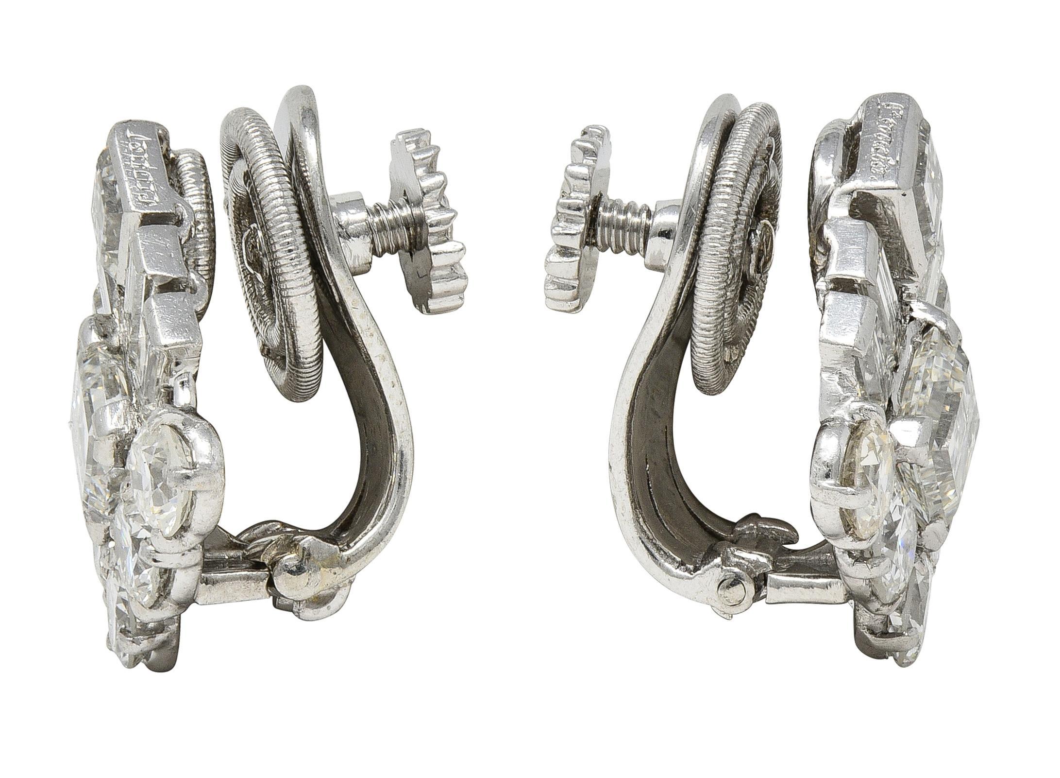 Modern Cartier Mid-Century Platinum Diamond Vintage Cluster Earrings For Sale