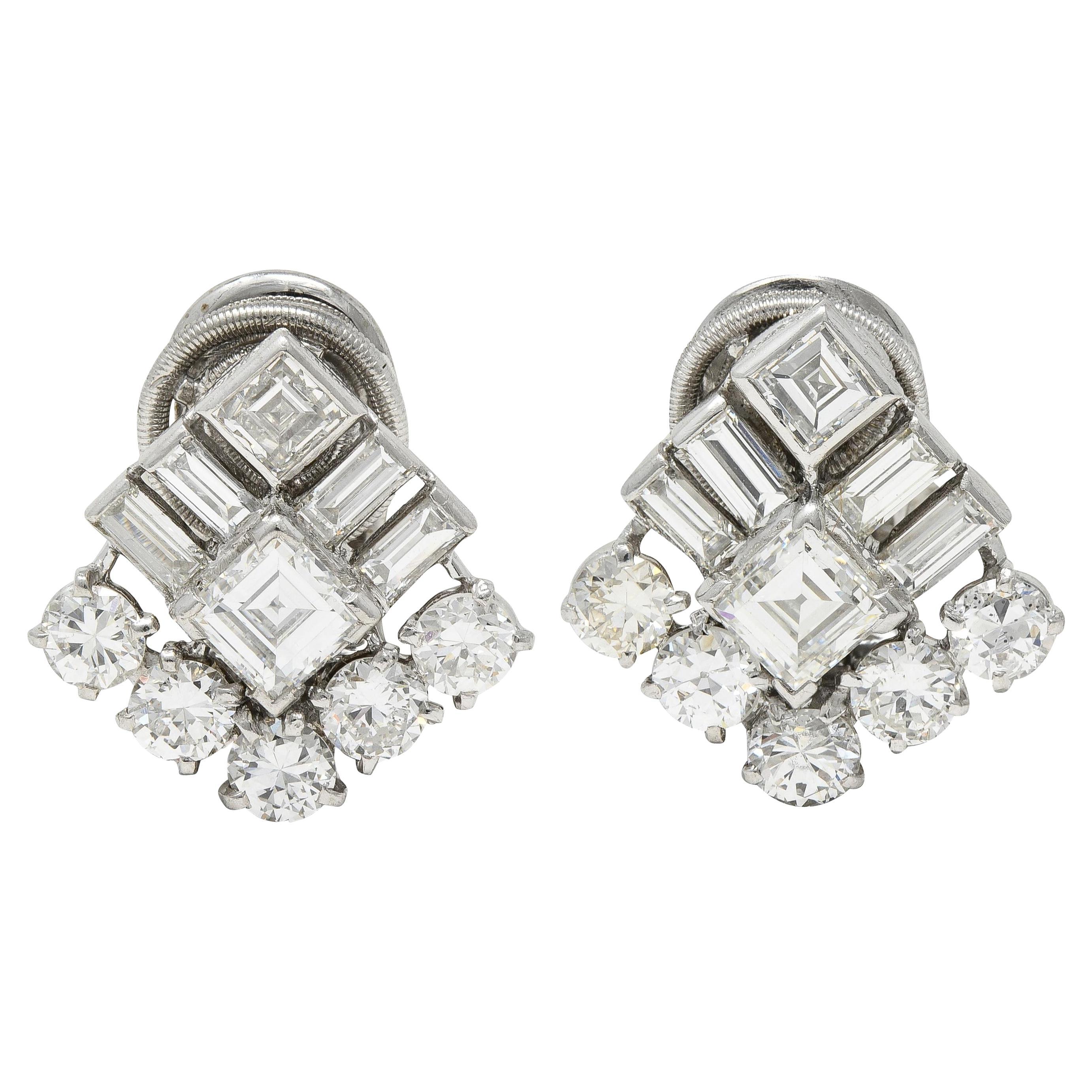 Cartier Mid-Century Platinum Diamond Vintage Cluster Earrings For Sale