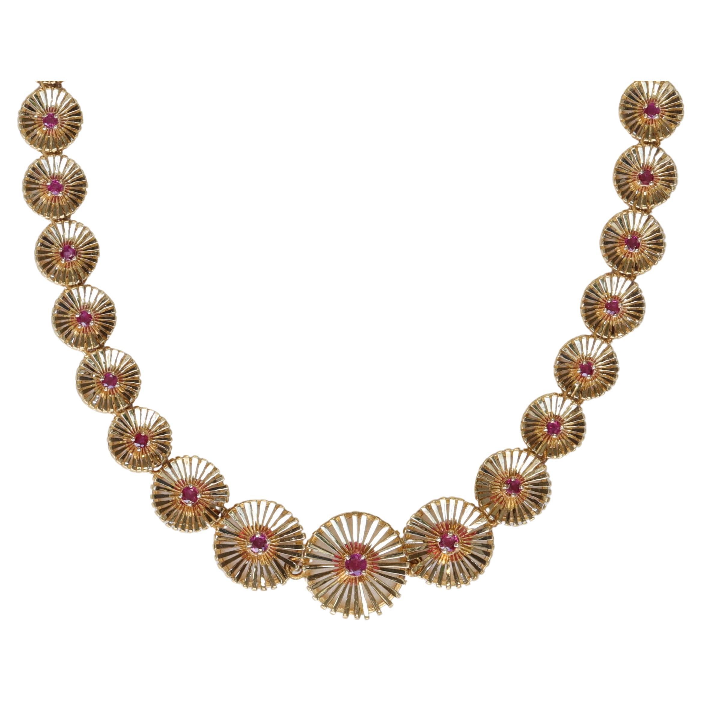 Cartier Mid Century Ruby Necklace in 18 Karat Yellow Gold Star Burst Motif For Sale