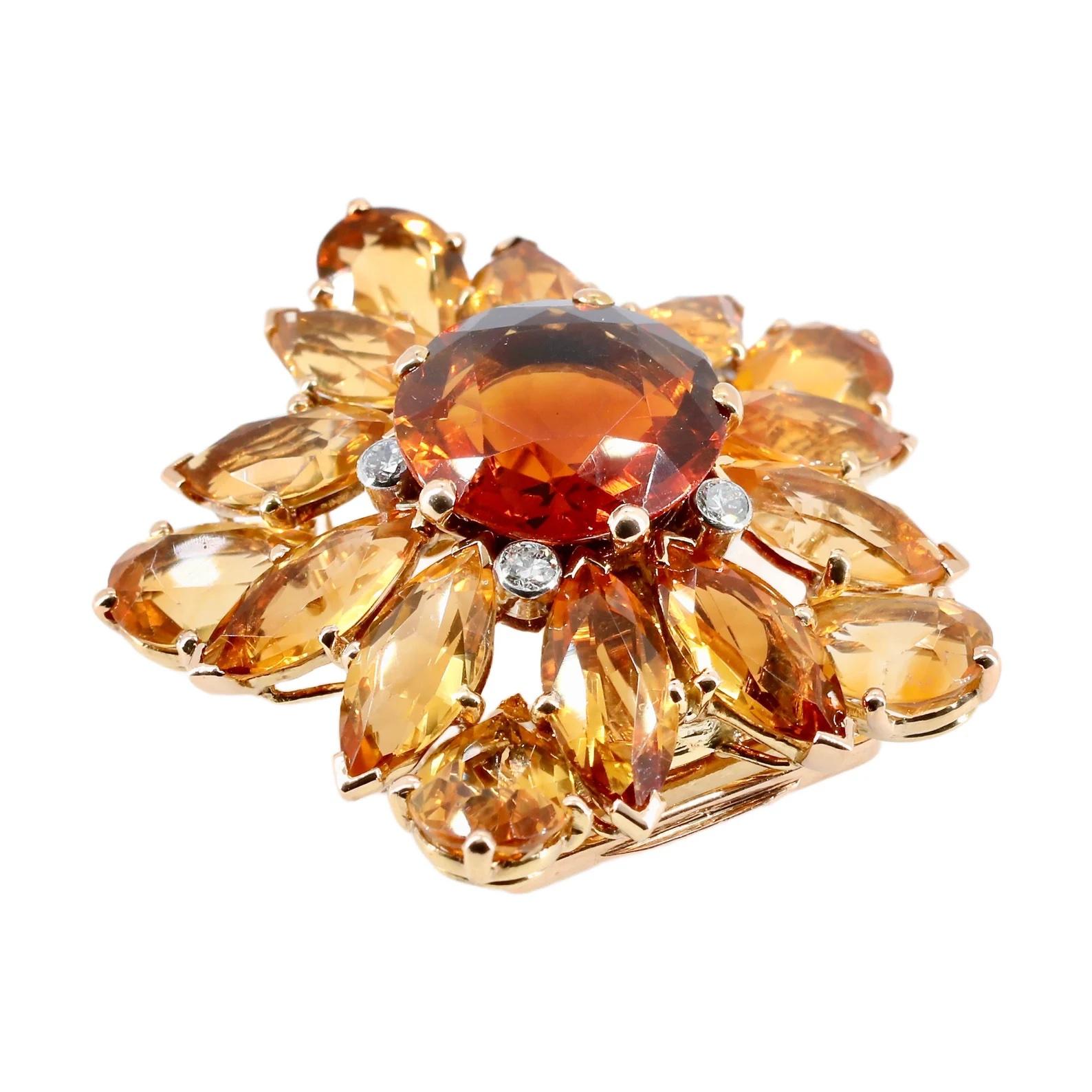 Broche Girasol Cartier Mediados de Siglo Granate Spessartine, Topacio Imperial y Diamante Corte redondo