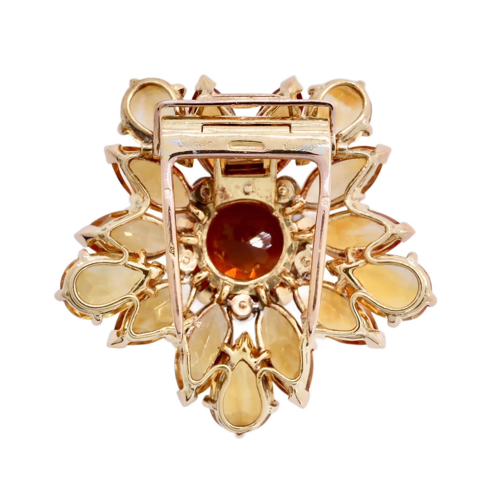Broche Girasol Cartier Mediados de Siglo Granate Spessartine, Topacio Imperial y Diamante 1