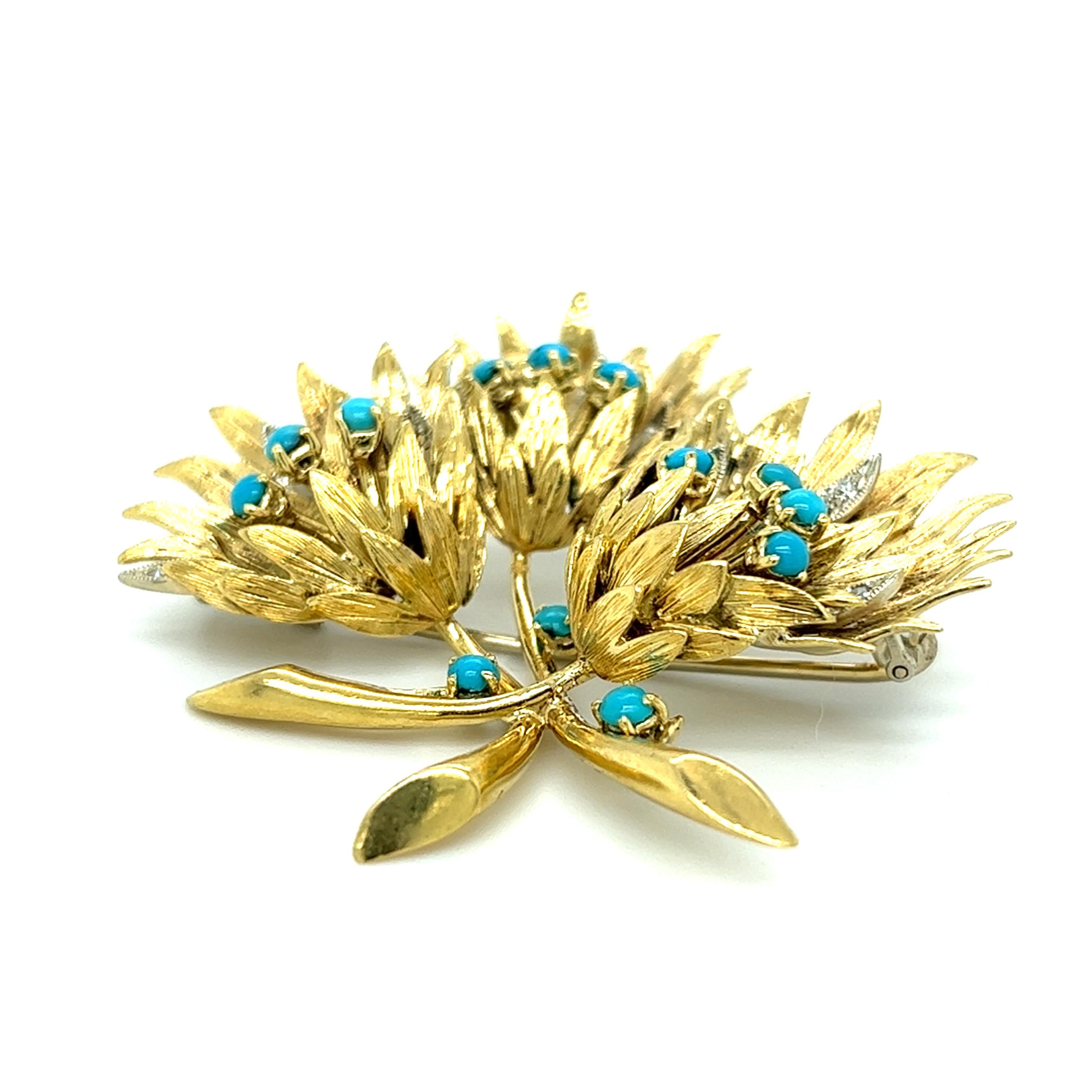 One mid-century 18 karat yellow gold flower design brooch by Cartier set with thirteen (13)  2.5mm round turquoise stones and five (5) single cut diamonds, approximately 0.10 carat total weight with matching I/J color and SI1 clarity.  The pin