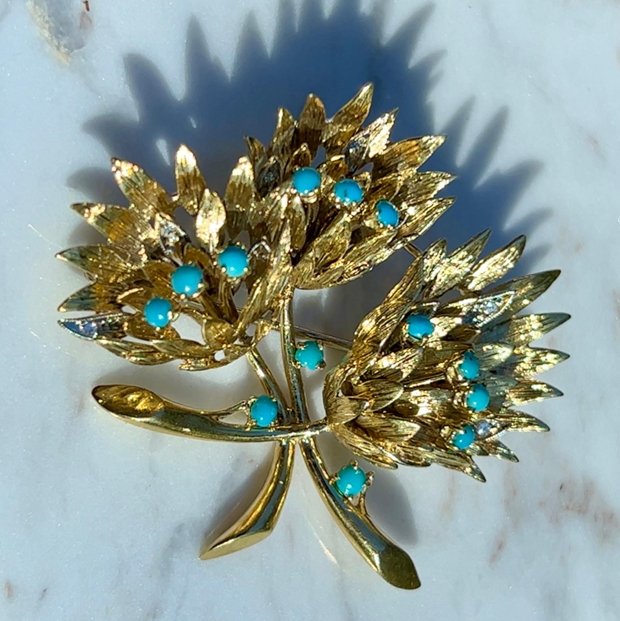 Round Cut Cartier Mid-Century Turquoise & Diamond Flower Design Brooch in 18K Gold 
