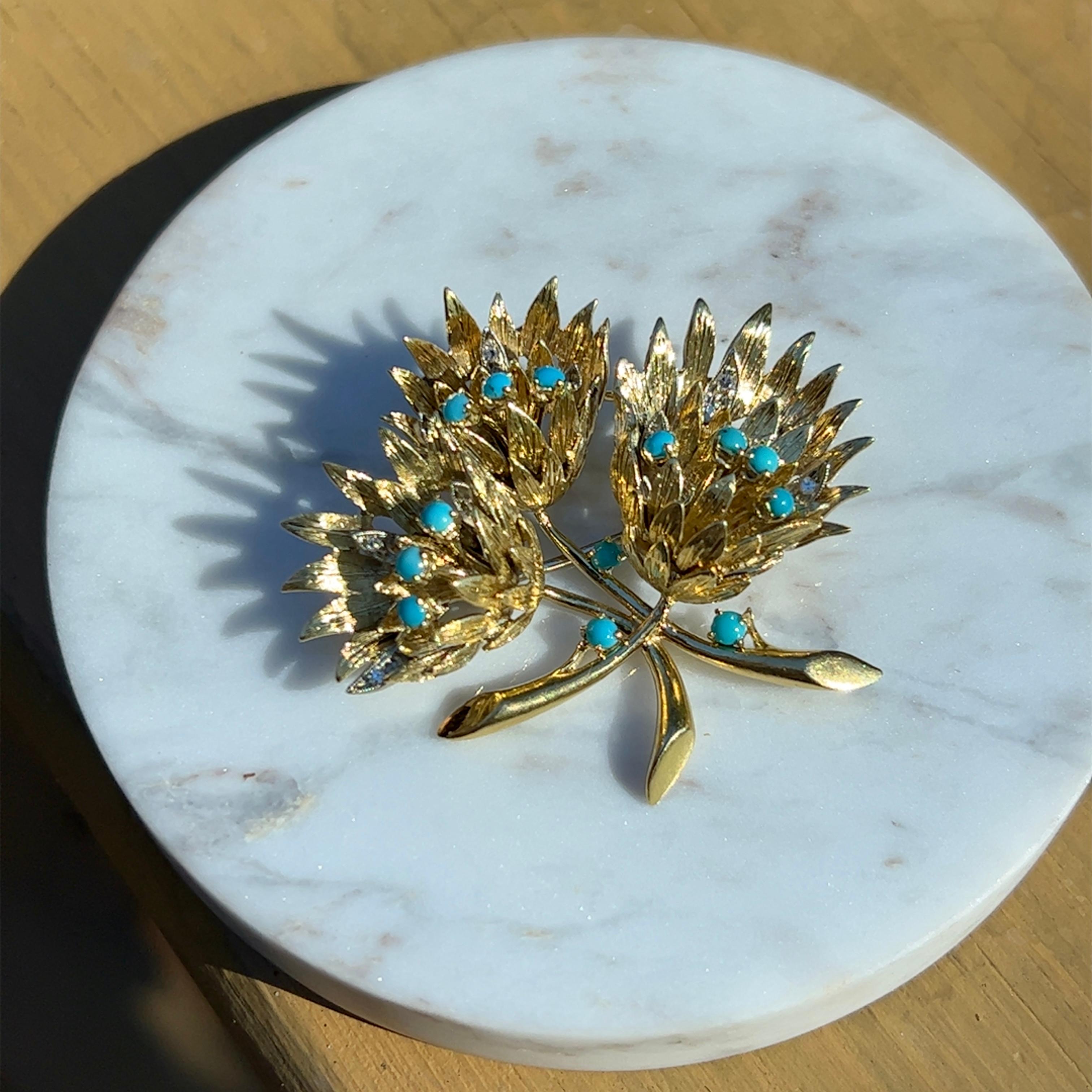 Cartier Mid-Century Turquoise & Diamond Flower Design Brooch in 18K Gold  In Good Condition In Towson, MD