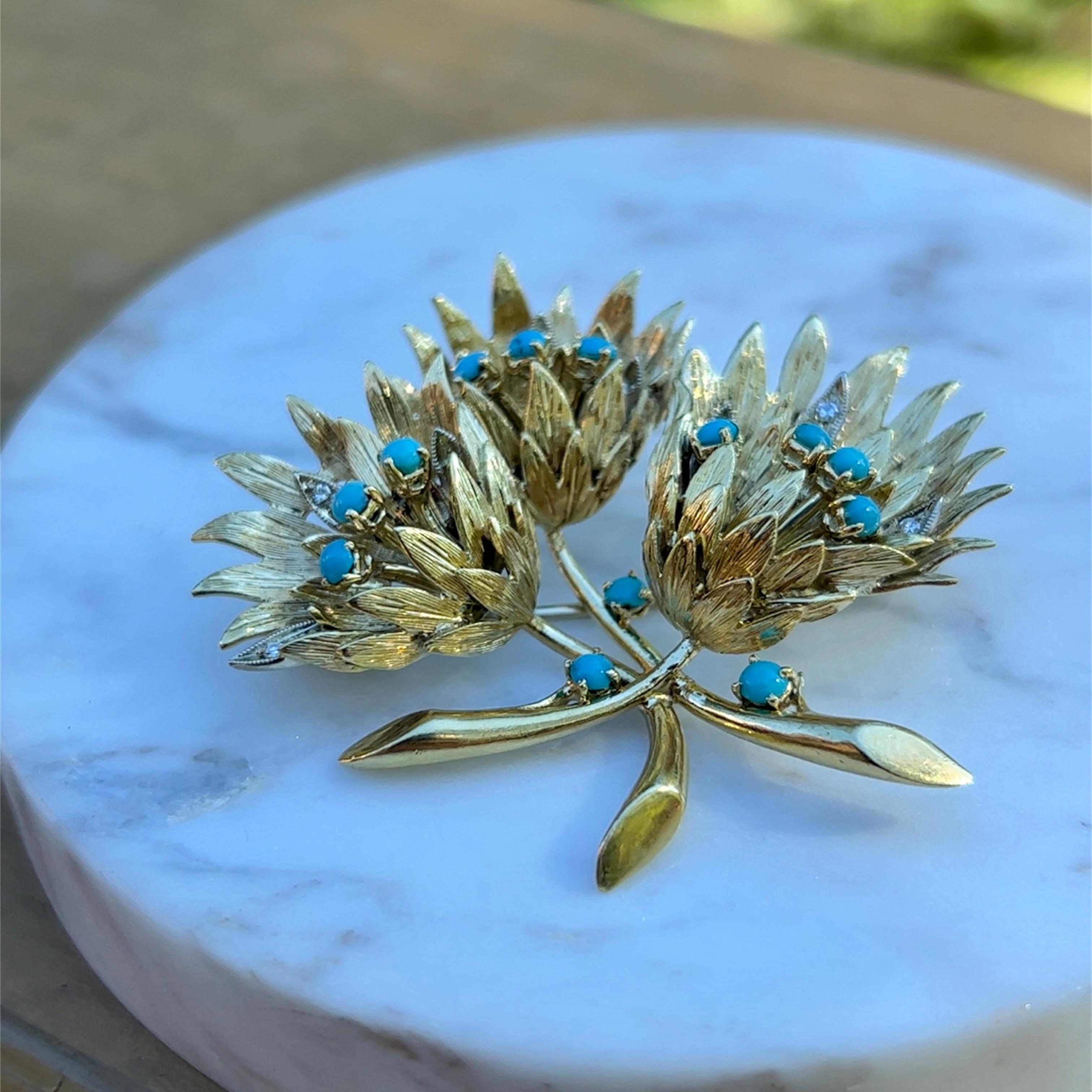 Women's or Men's Cartier Mid-Century Turquoise & Diamond Flower Design Brooch in 18K Gold 