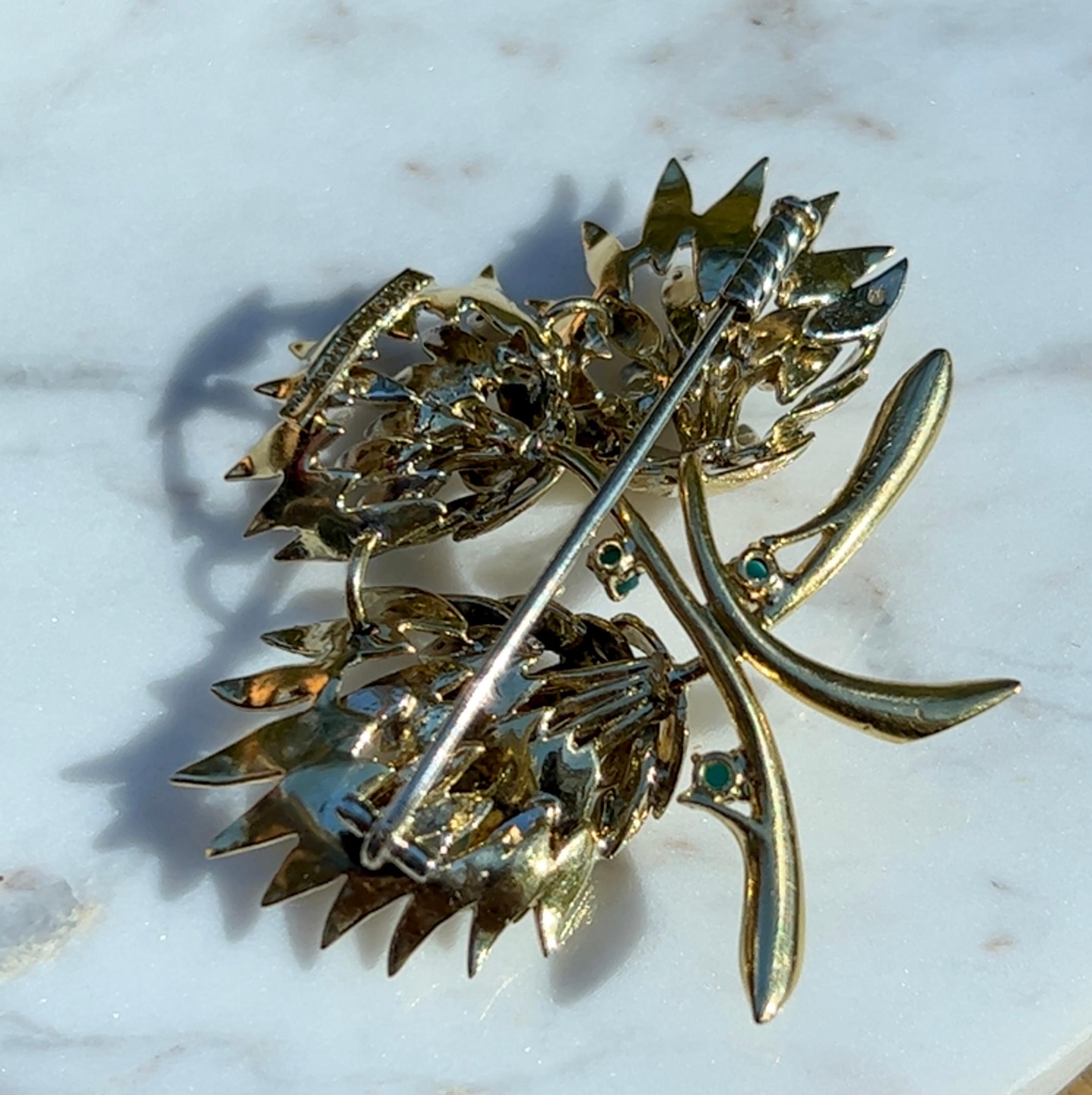 Cartier Mid-Century Turquoise & Diamond Flower Design Brooch in 18K Gold  1