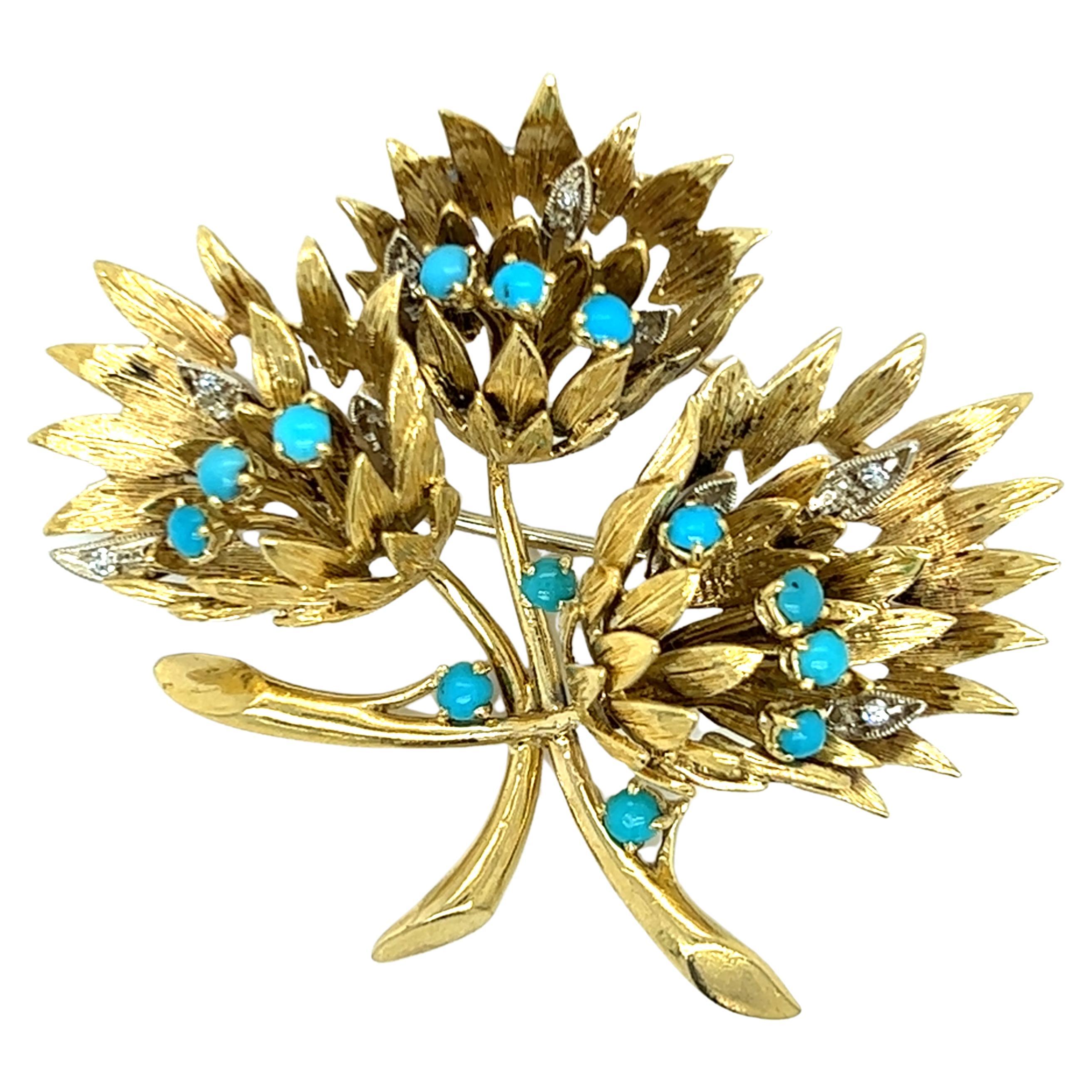 Cartier Mid-Century Turquoise & Diamond Flower Design Brooch in 18K Gold 