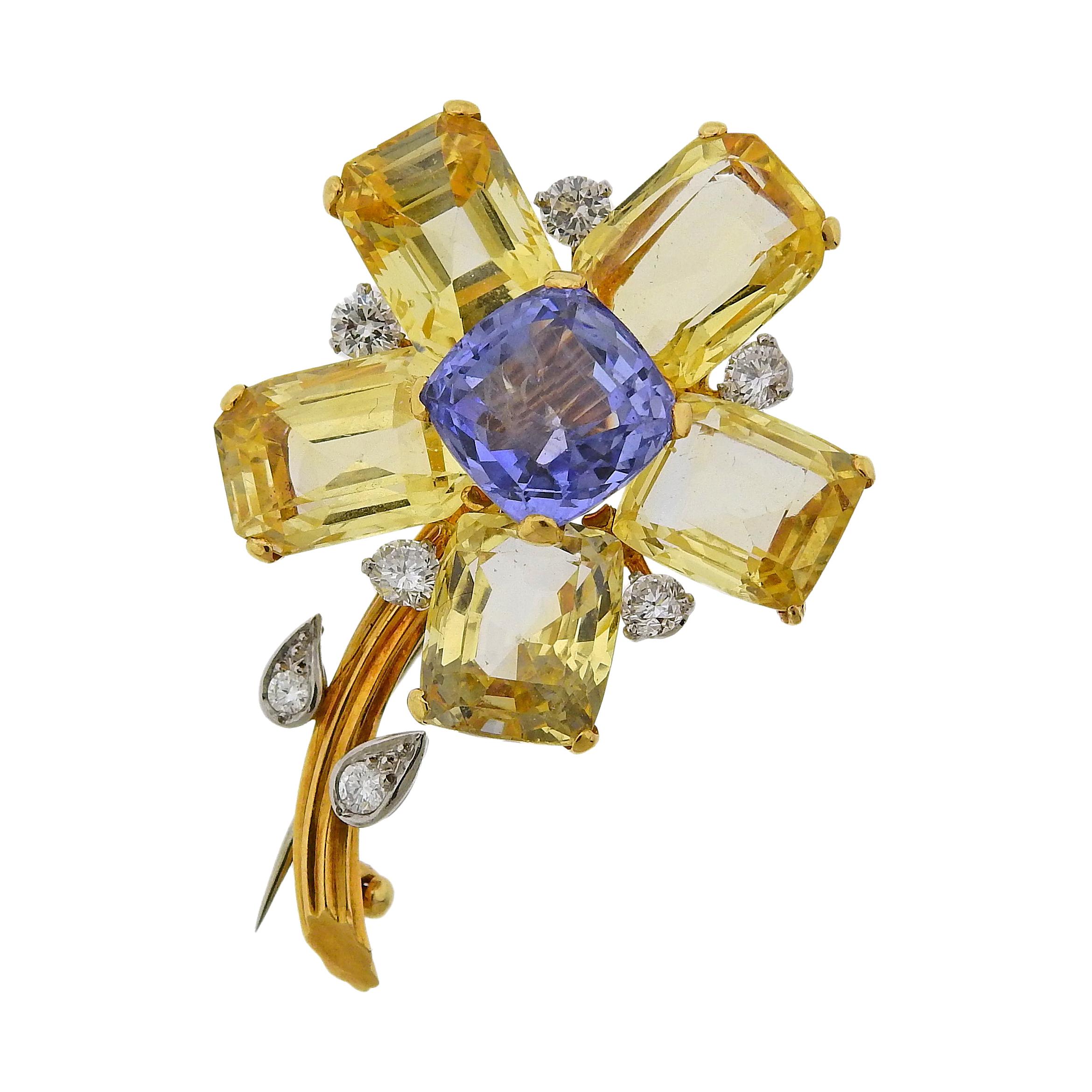 Cartier Midcentury Yellow Blue Sapphire Diamond Flower Brooch For Sale