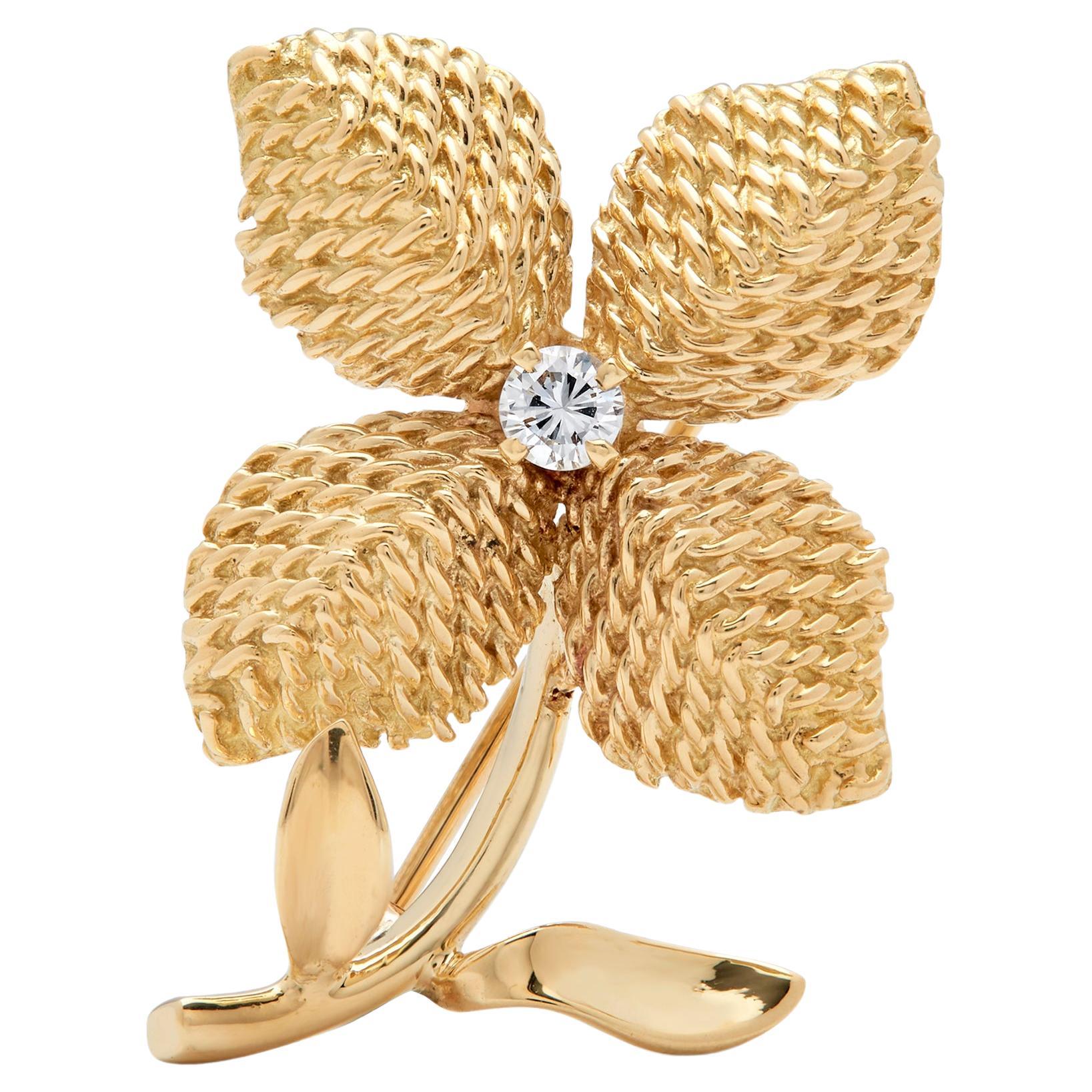Cartier Mid-century yellow gold diamond flower brooch  For Sale