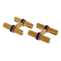 Cartier Midcentury Blue Enamel Gold Bar Cufflinks